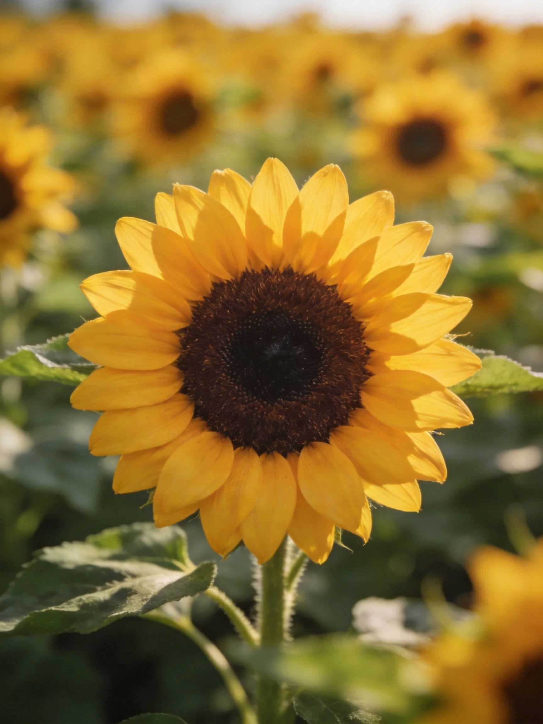 Vibrant sunflower with golden petals and dark center amid sunflower field