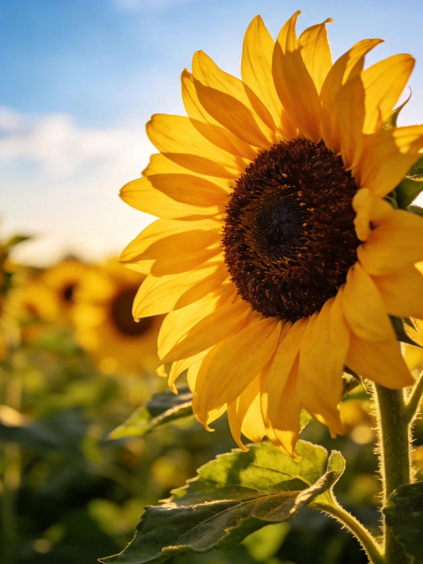 Vibrant sunflower with golden petals and dark center under clear sky