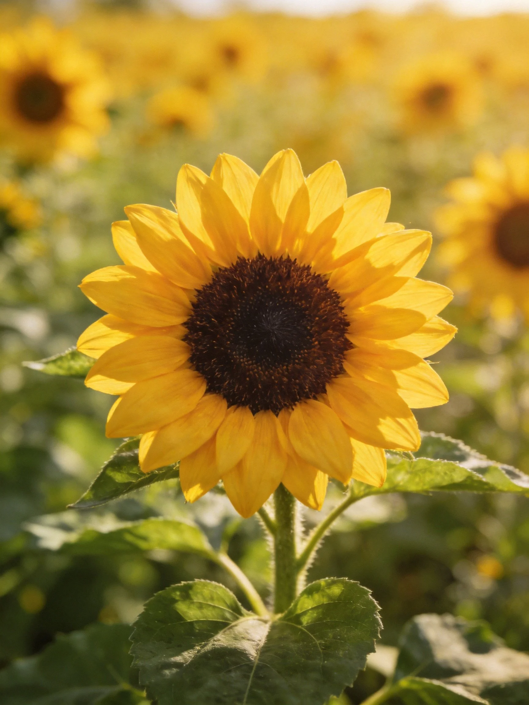 Vibrant sunflower with golden petals and green foliage amid blurred blooms