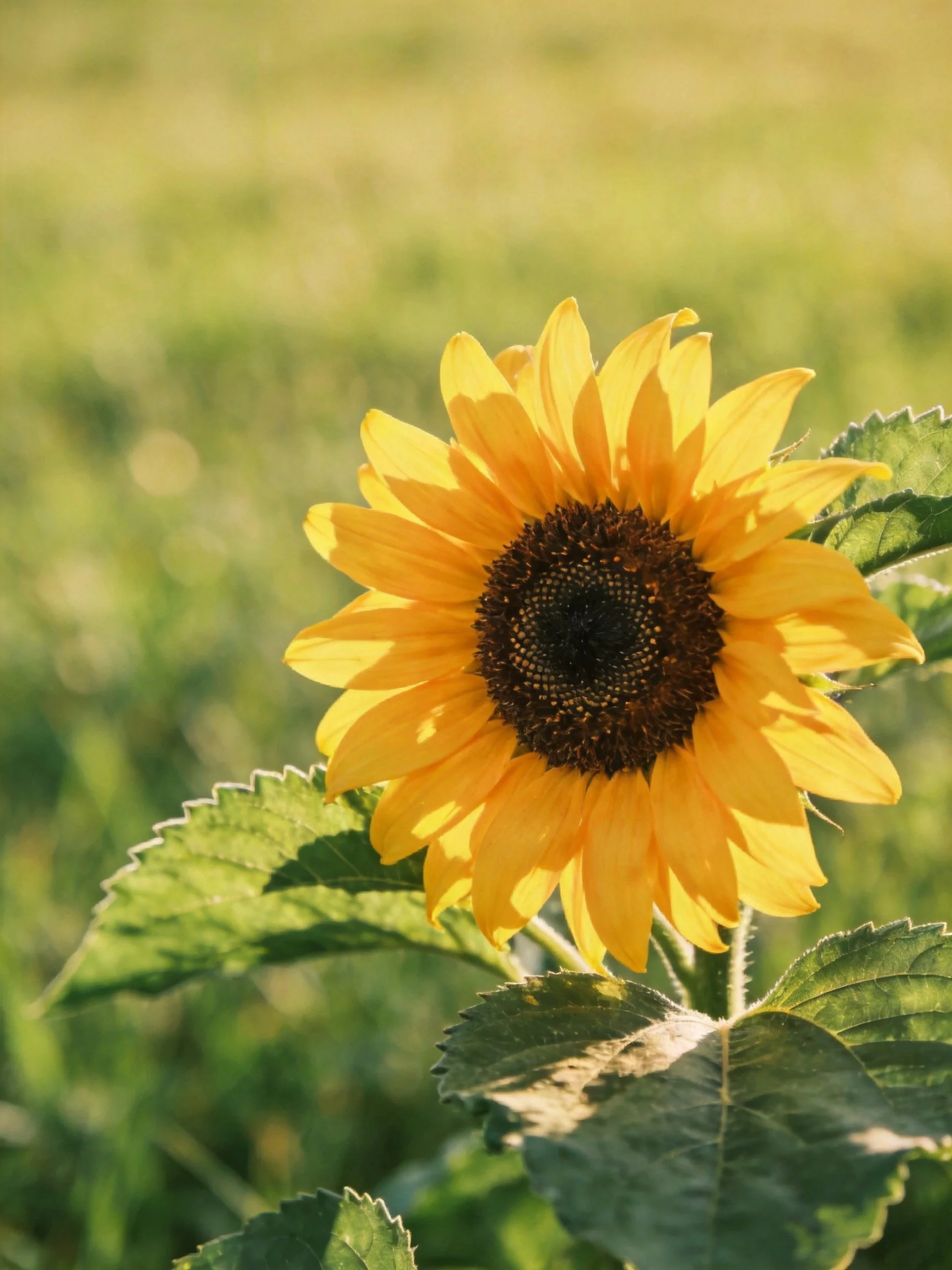 Vibrant sunflower with golden petals and green foliage