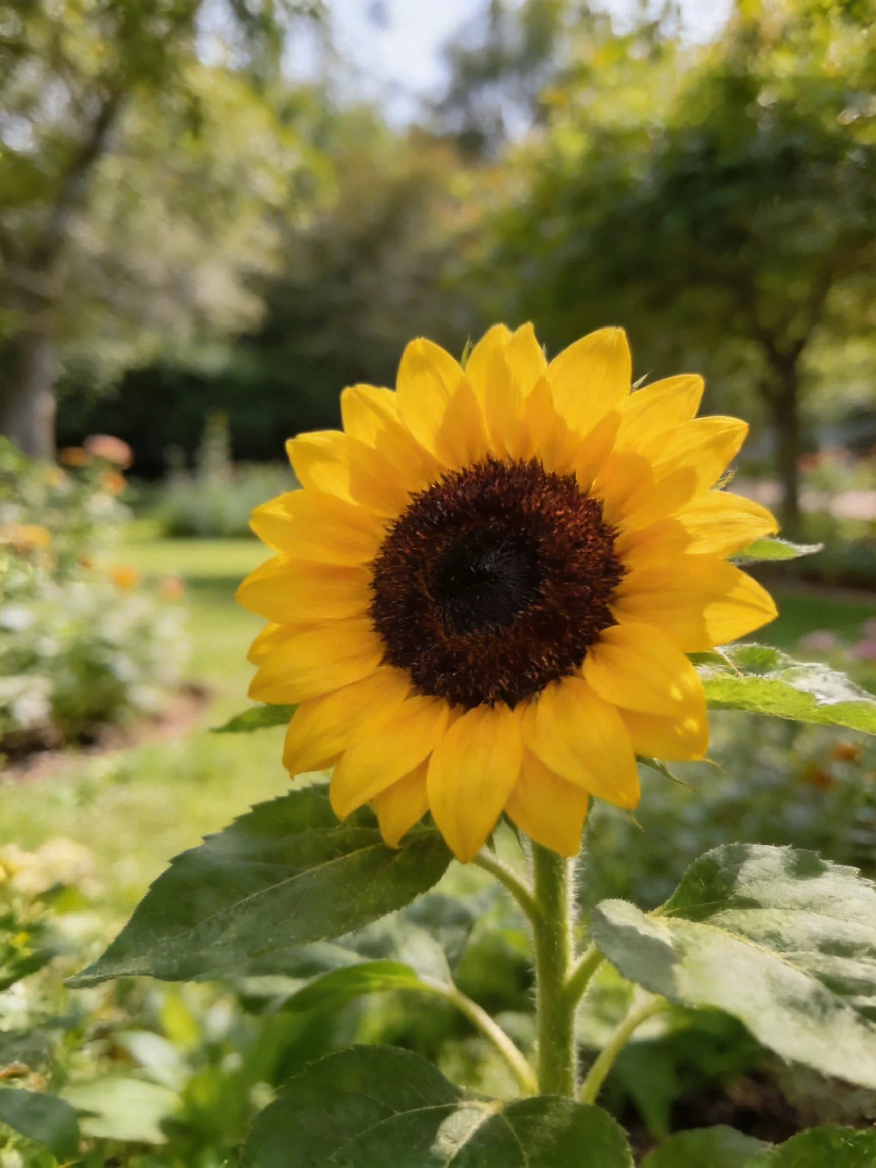 Vibrant sunflower with golden petals in a lush garden