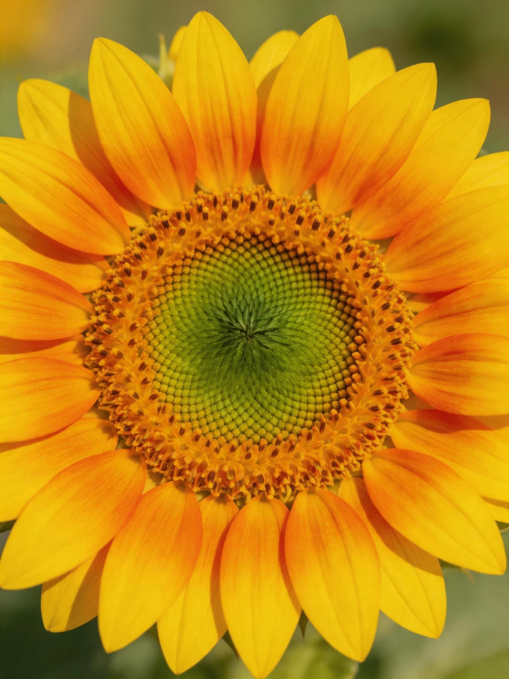 Vibrant sunflower with golden-yellow petals and green central disk