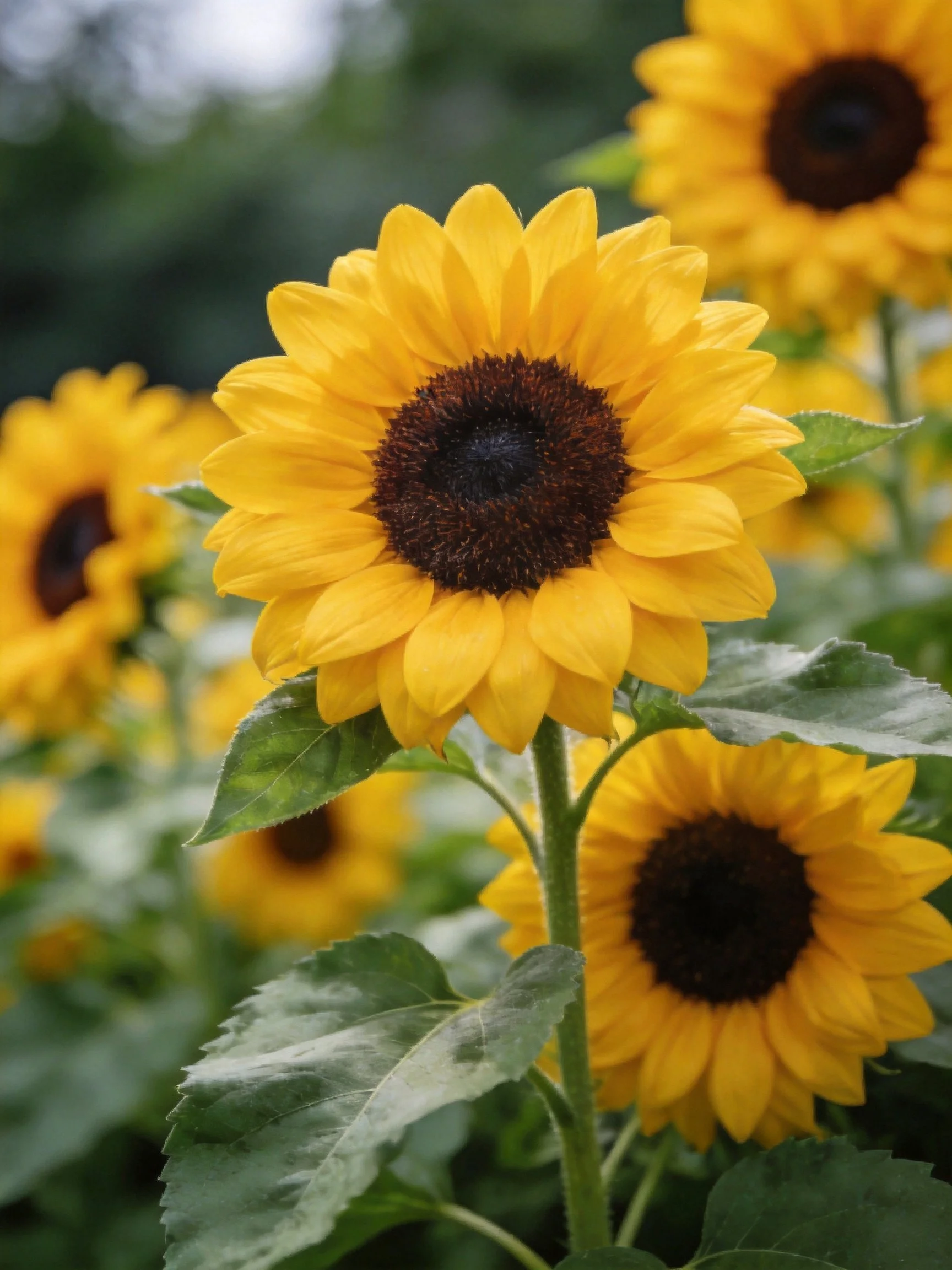 Vibrant sunflowers display golden petals and dark centers amid lush greenery