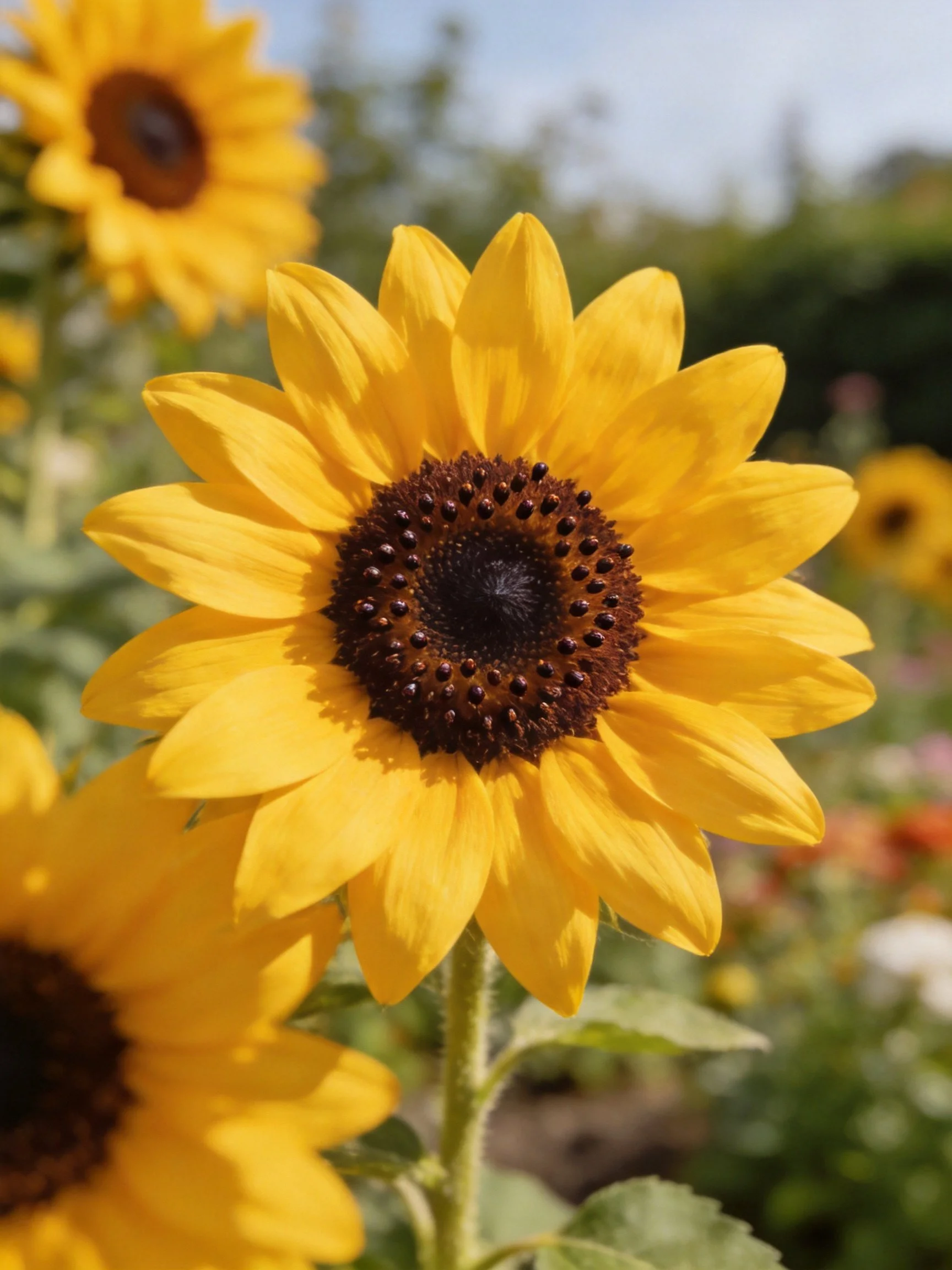 Vibrant sunflowers with bright yellow petals and dark centers in a sunny garden