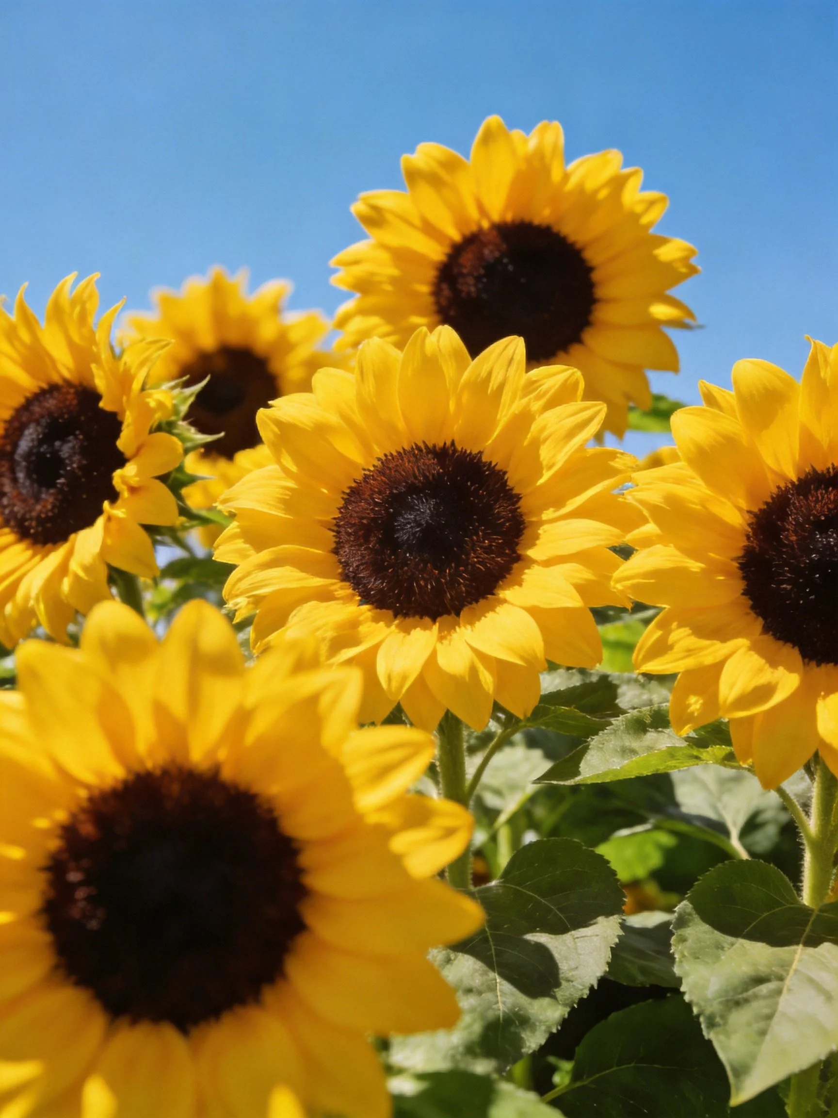 Vibrant sunflowers with dark centers against clear blue sky