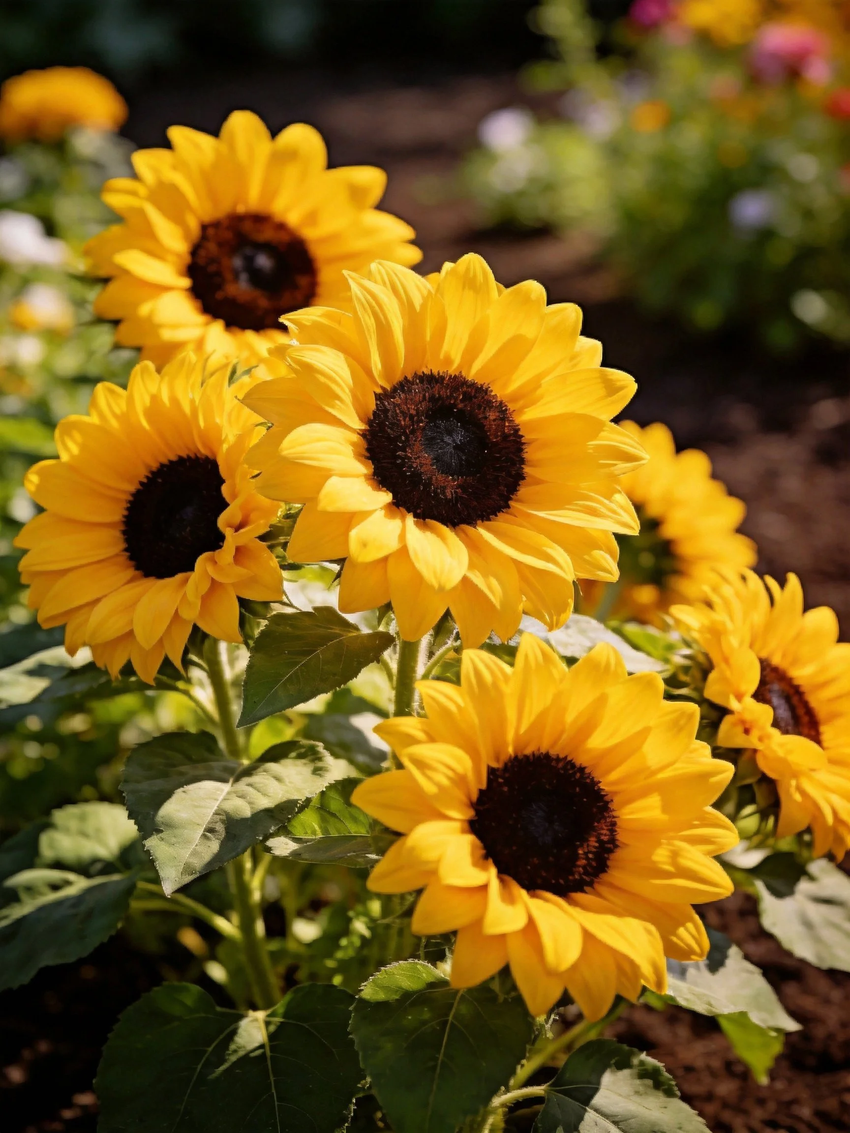 Vibrant sunflowers with dark centers in a garden setting