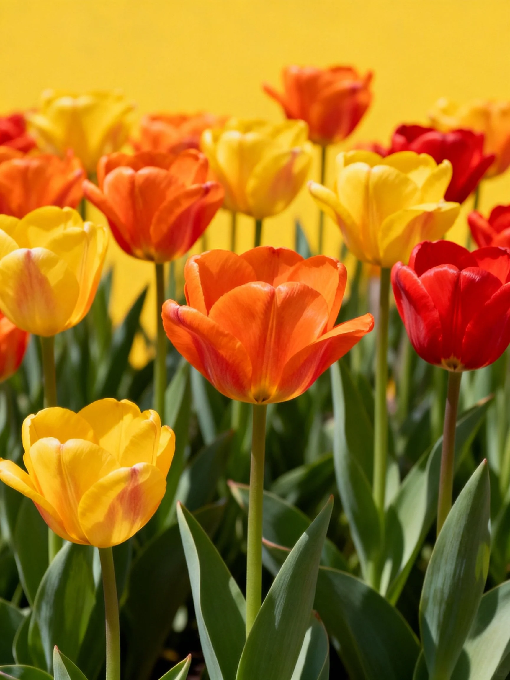 Vibrant tulip arrangement with yellow, orange, red flowers and green foliage
