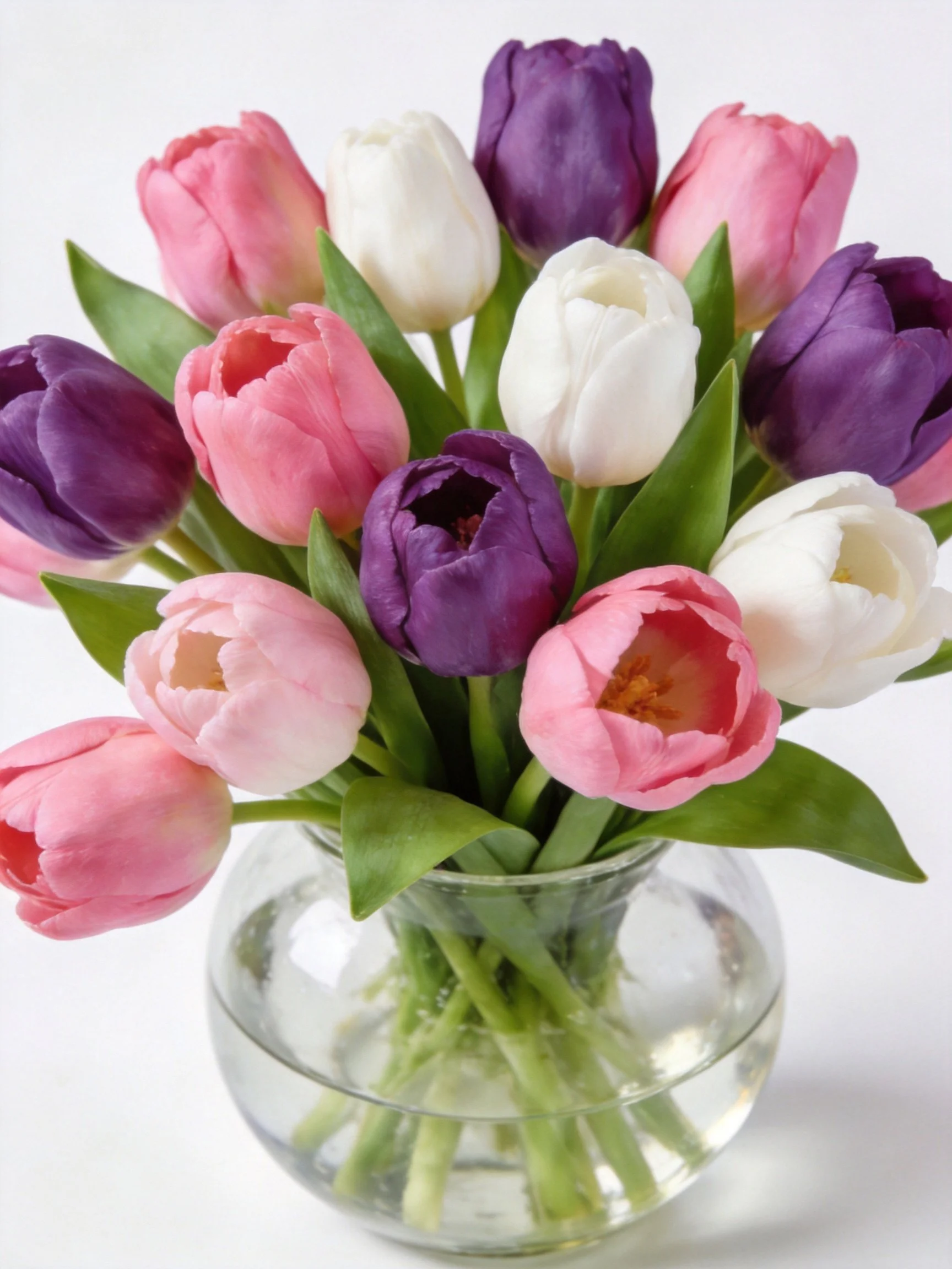 Vibrant tulip bouquet in pink, white, purple hues in glass vase
