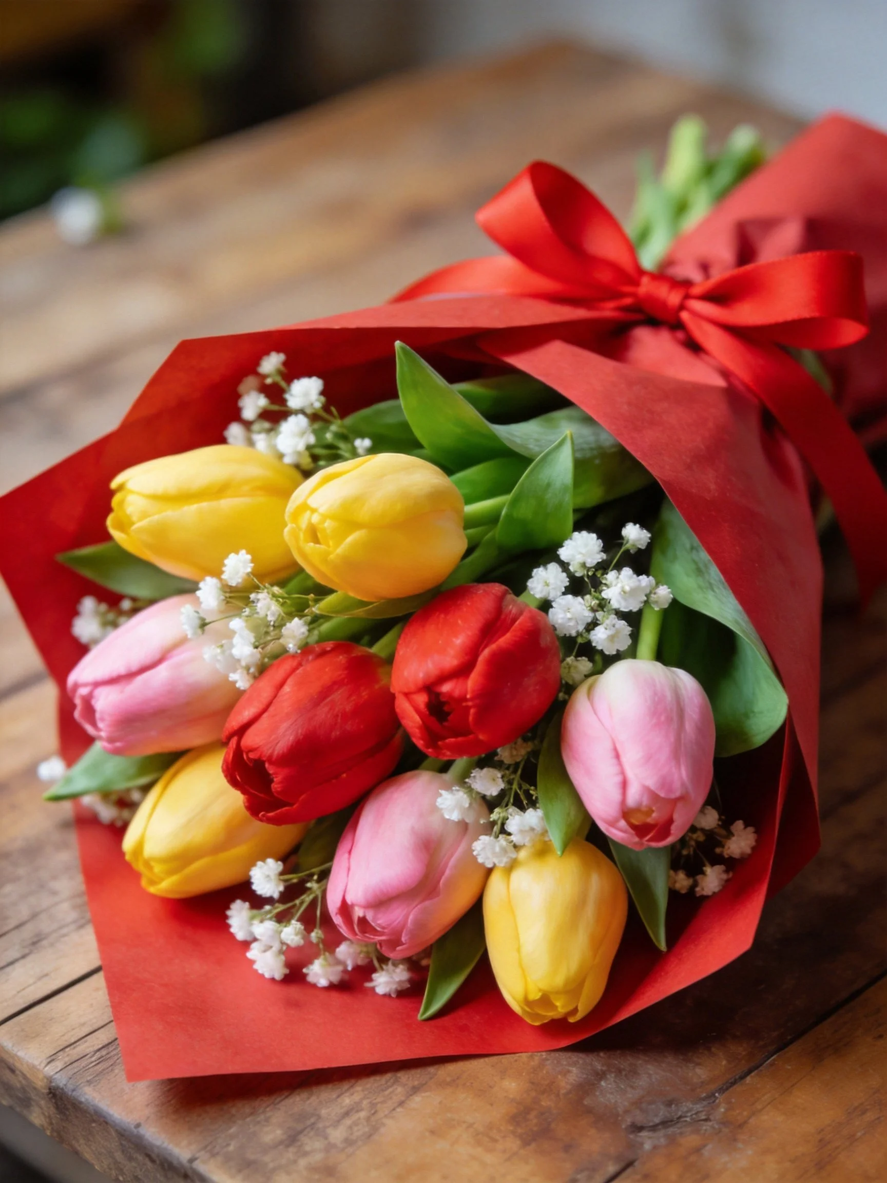 Vibrant tulip bouquet wrapped in red paper with colorful blooms