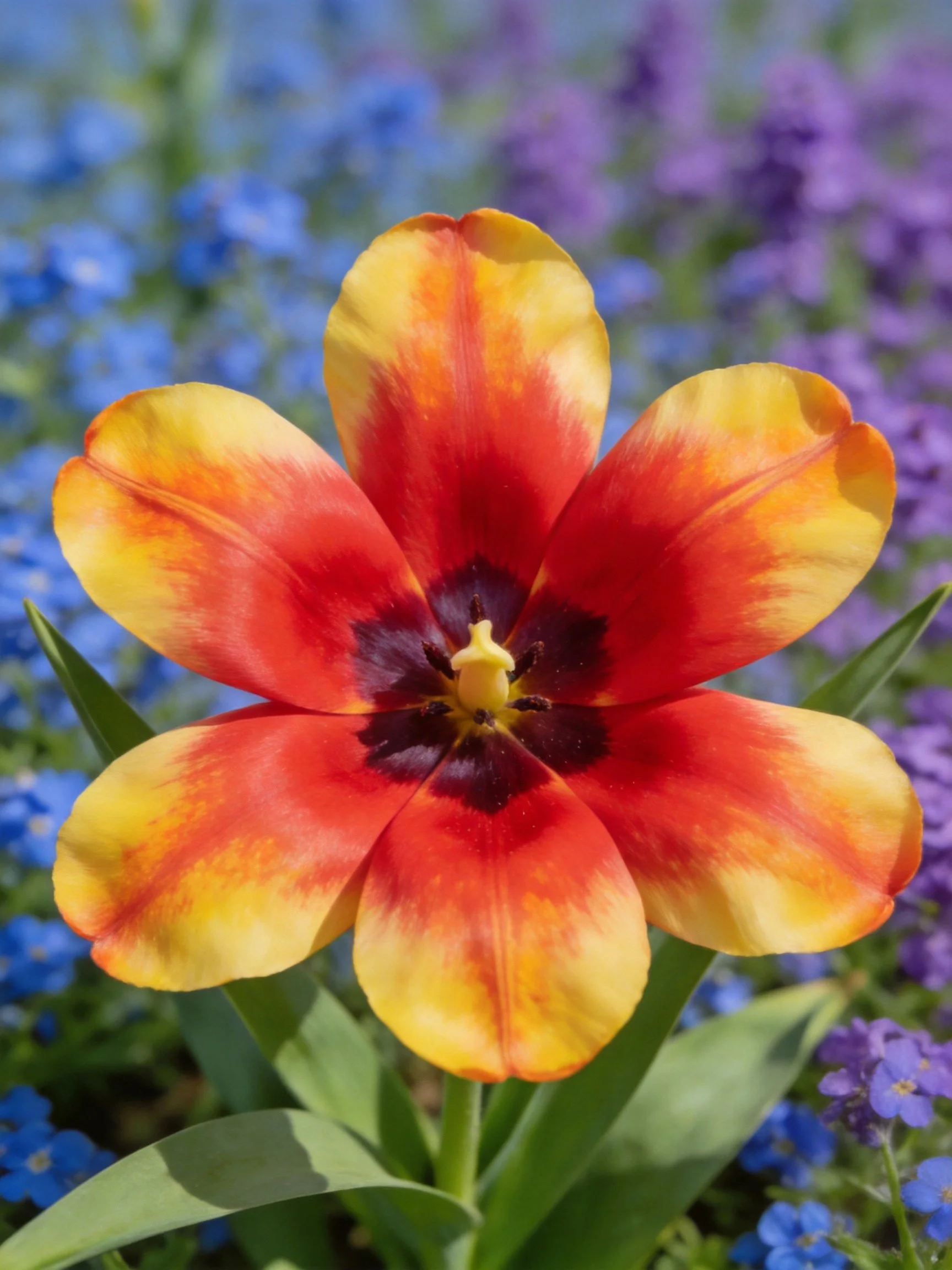 Vibrant tulip with red-yellow petals amidst blue-purple flowers