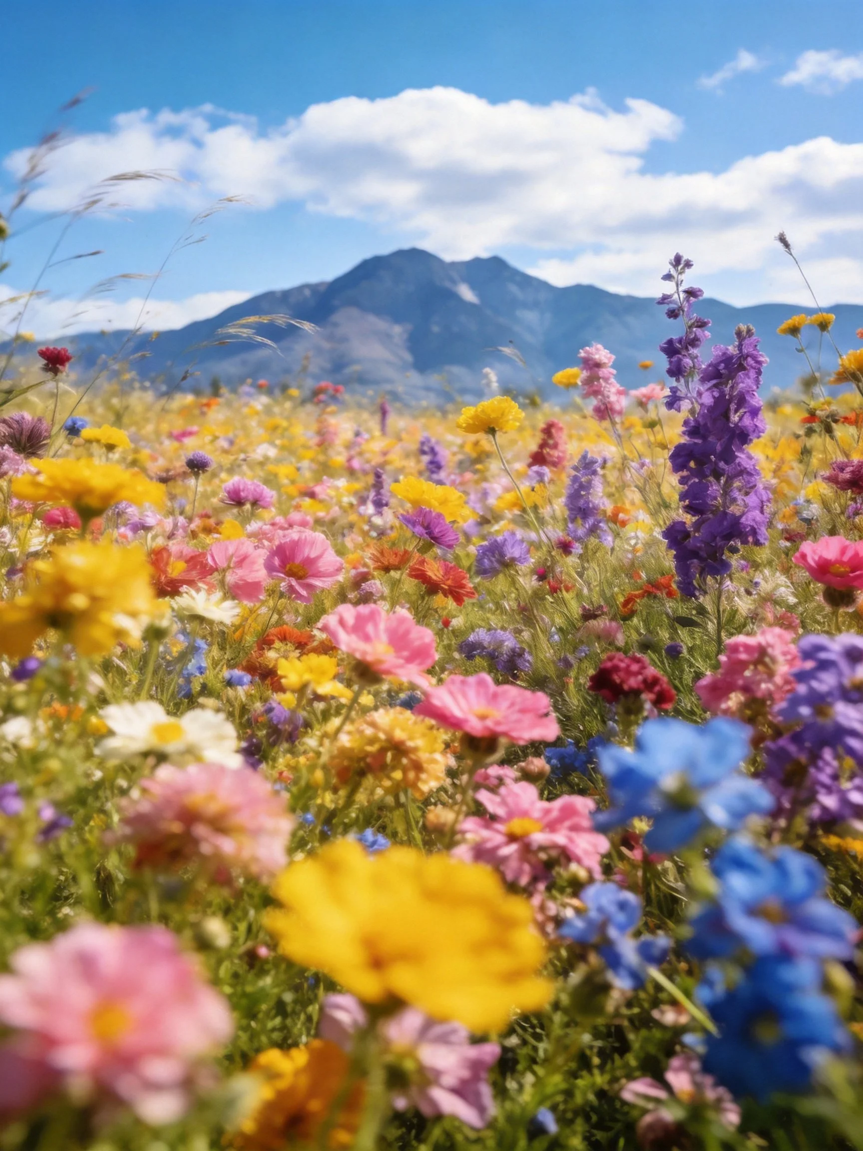 Vibrant wildflower meadow with colorful blooms and distant mountains