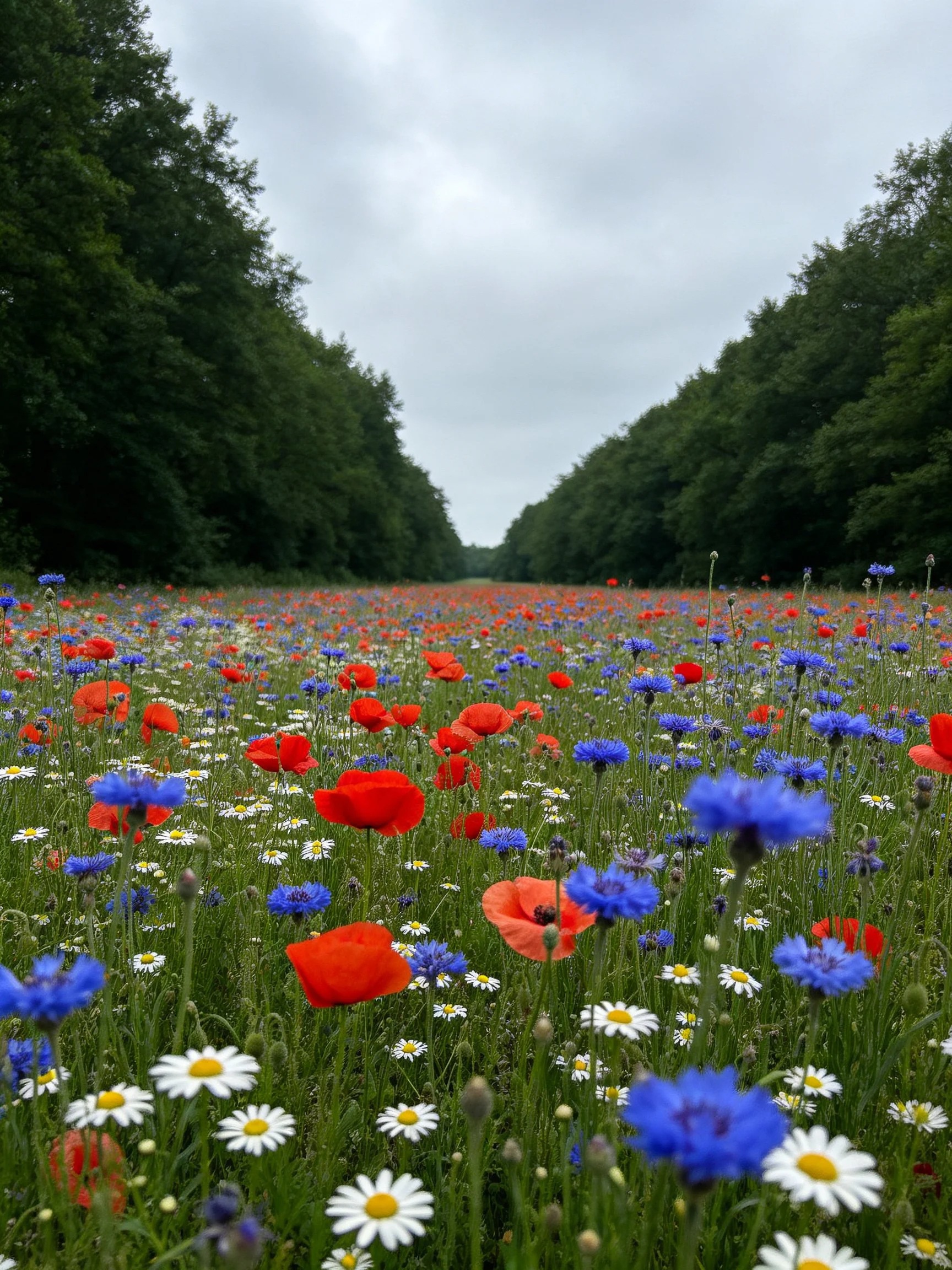 Vibrant wildflower meadow with red poppies, blue cornflowers, and white daisies