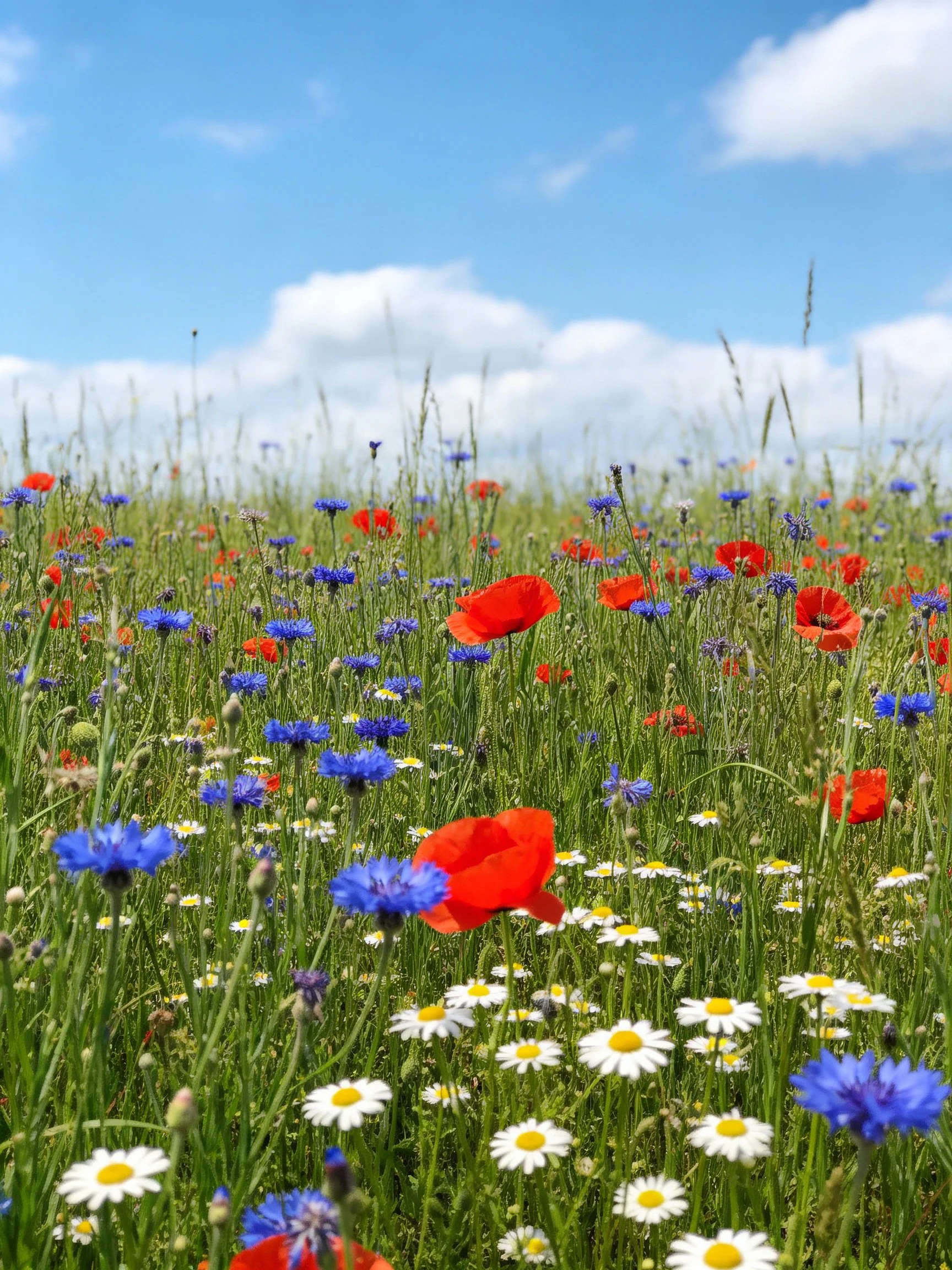 Vibrant wildflower meadow with red poppies, blue flowers, and white daisies