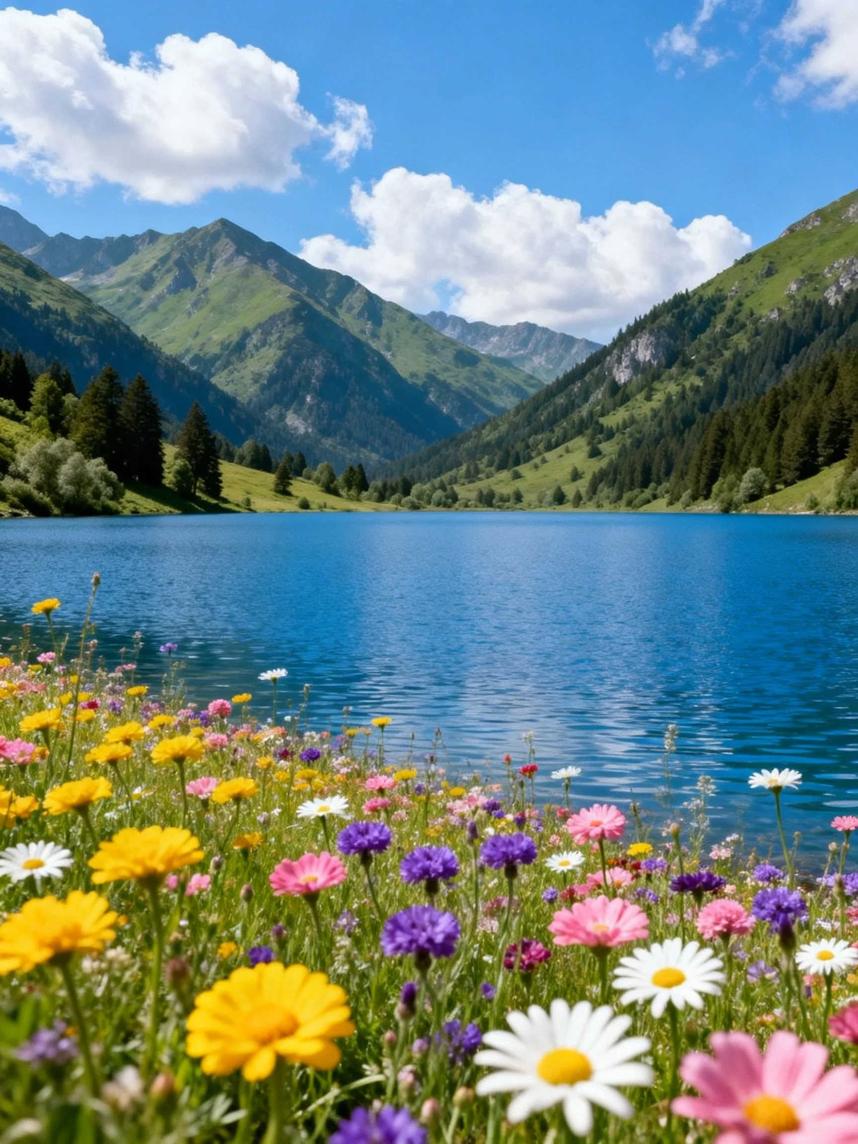 Vibrant wildflowers by a serene blue lake with green mountains