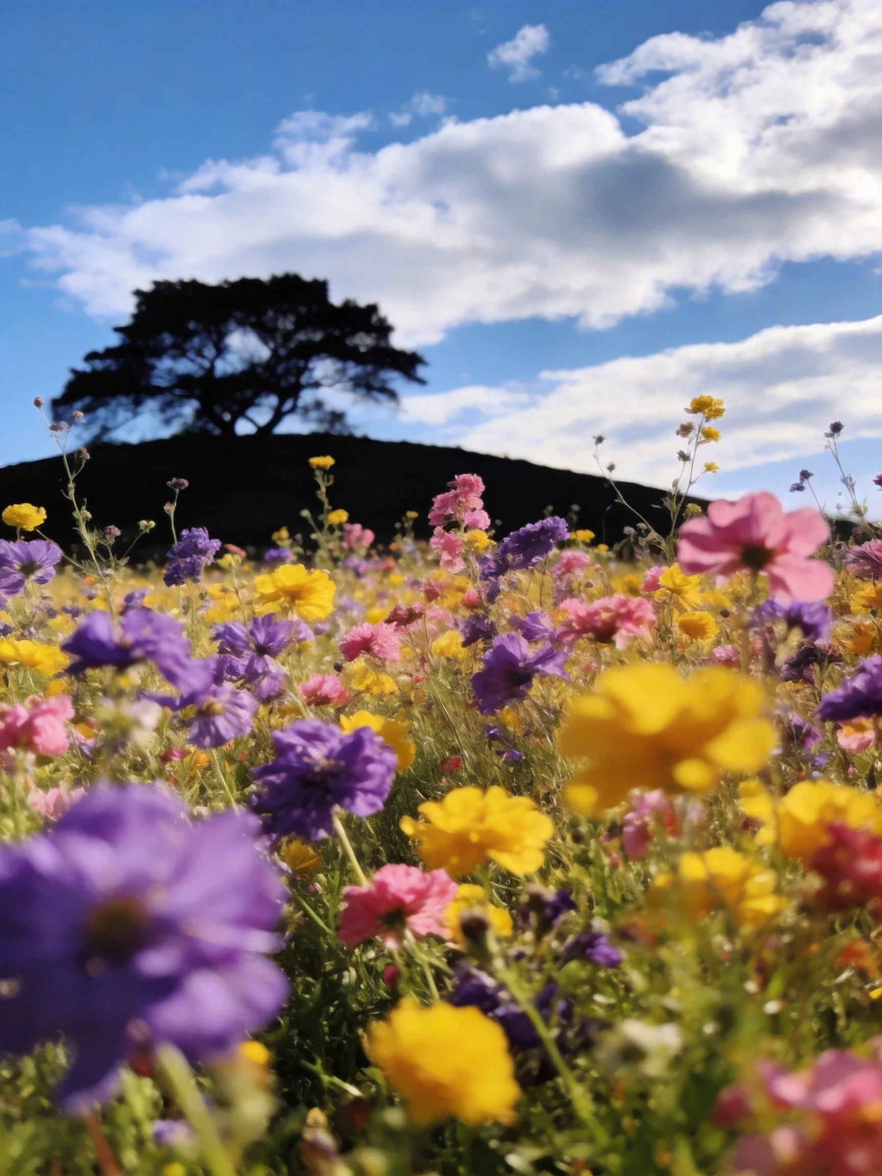 Vibrant wildflowers fill a field near a hilltop tree under bright sky