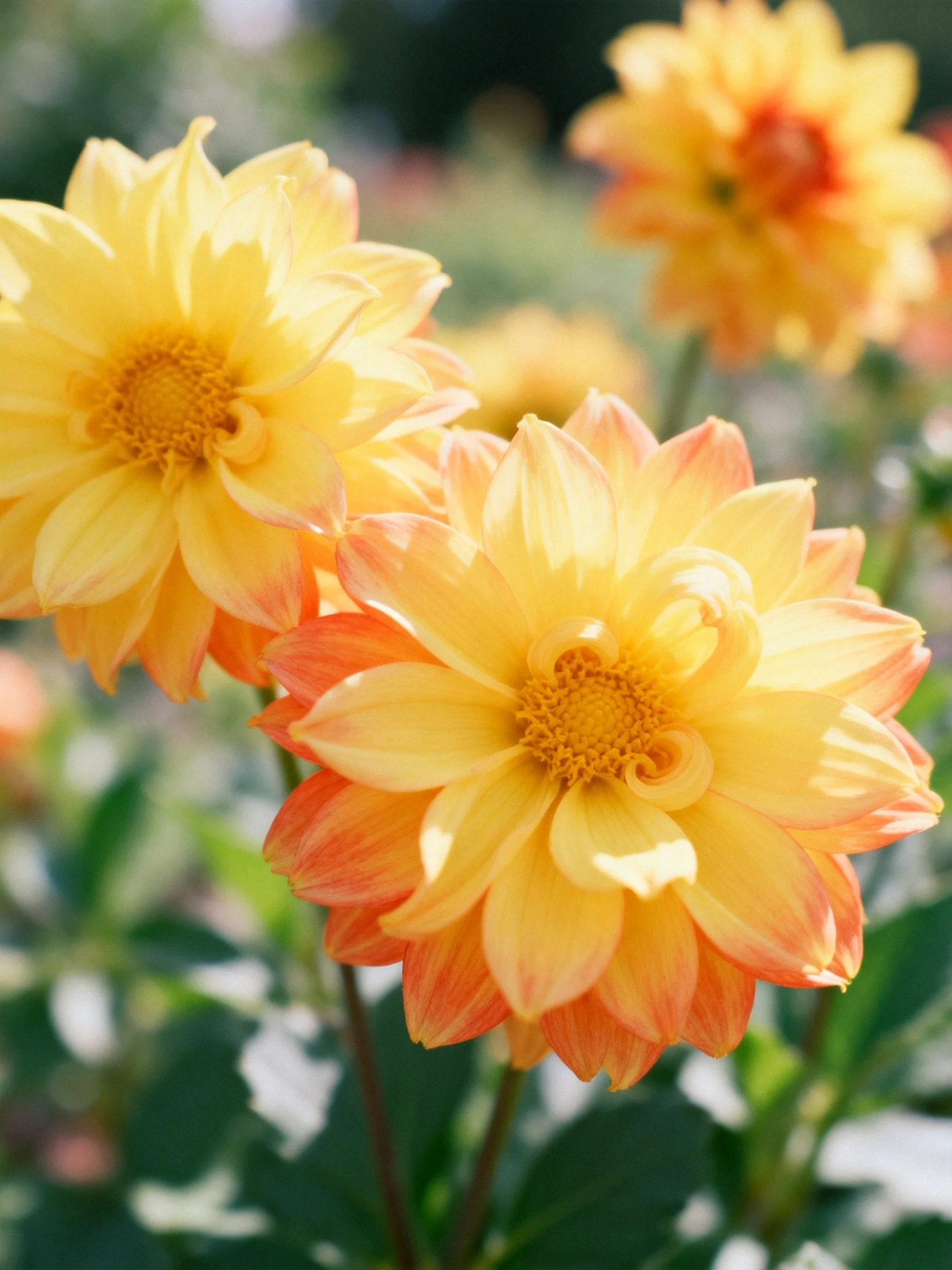 Vibrant yellow and orange dahlia blooms in a sunlit garden