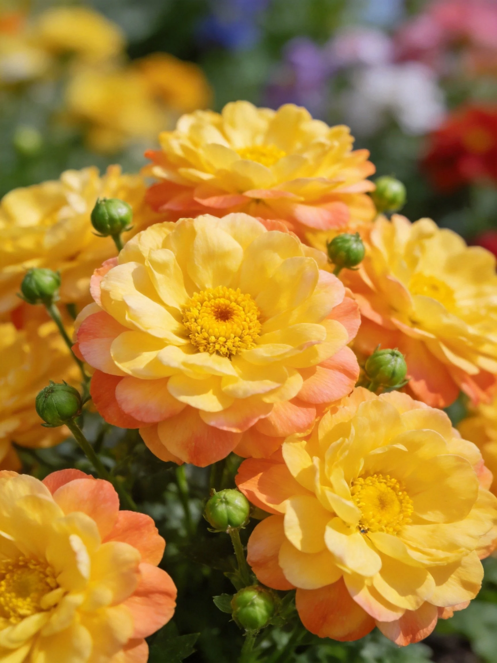 Cluster of colorful ranunculus flowers with green buds in bright sunlight.