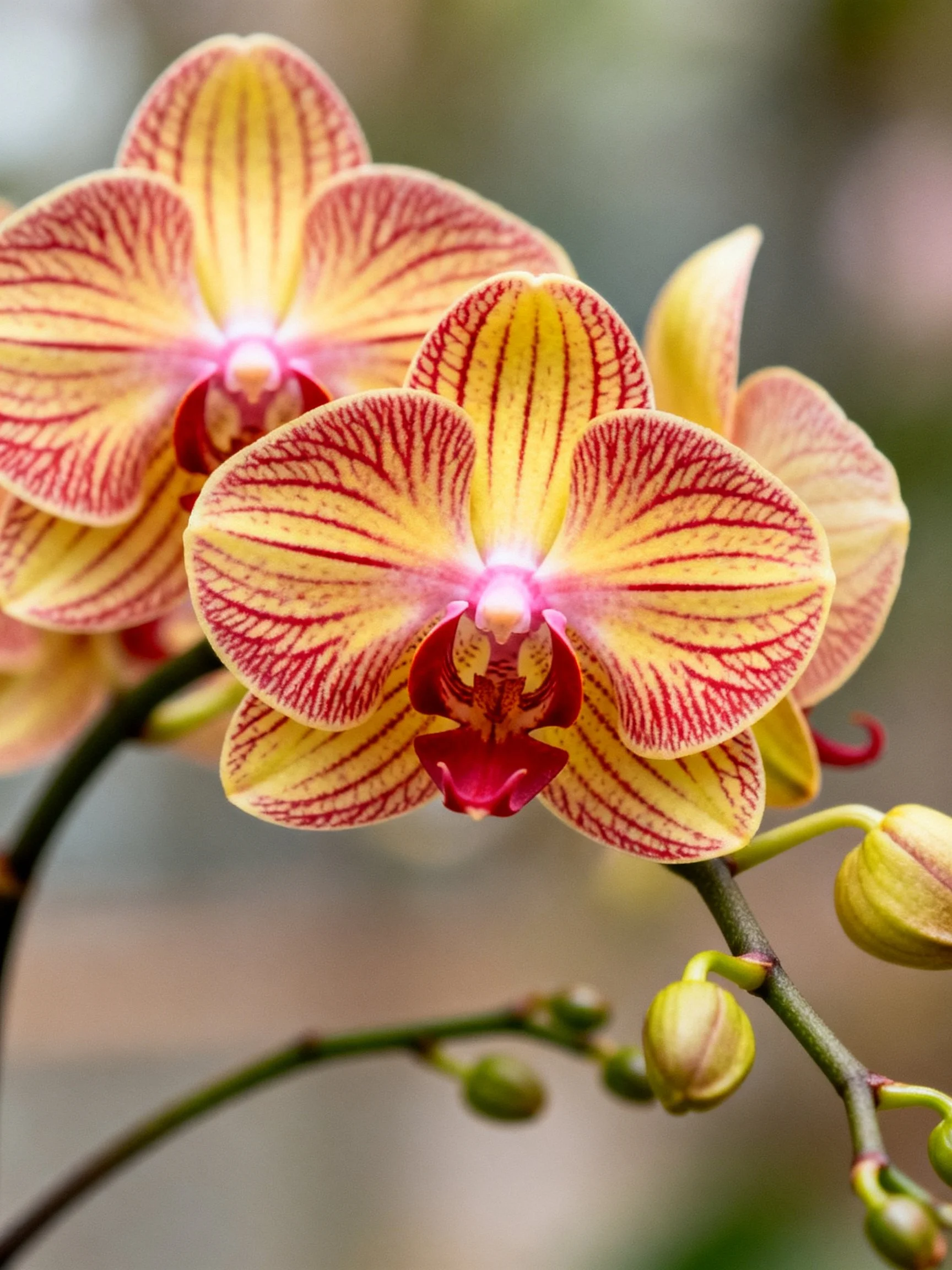 Vibrant yellow and red orchids with intricate petal patterns