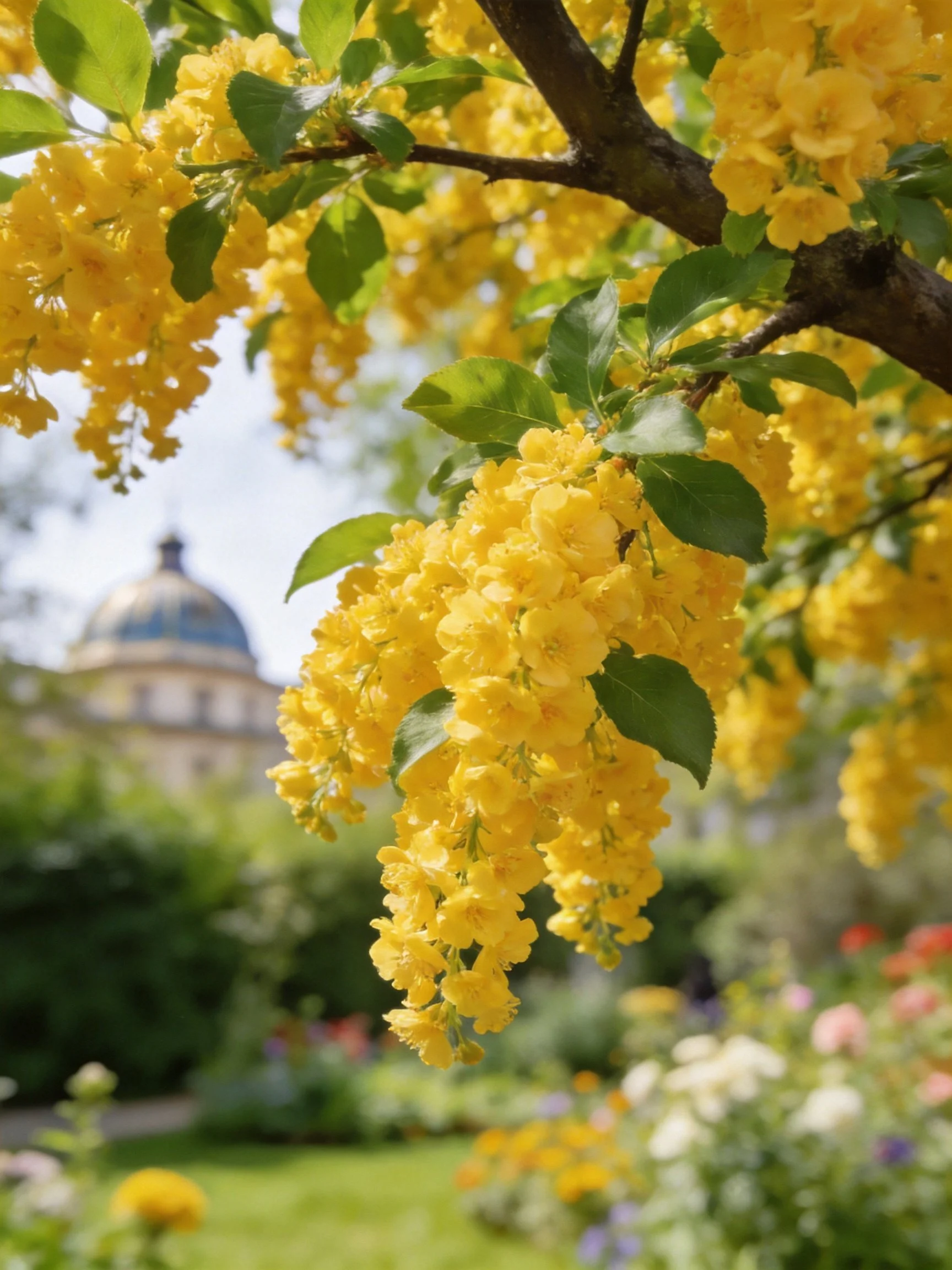 Vibrant yellow blossoms cascade from branches near a domed structure