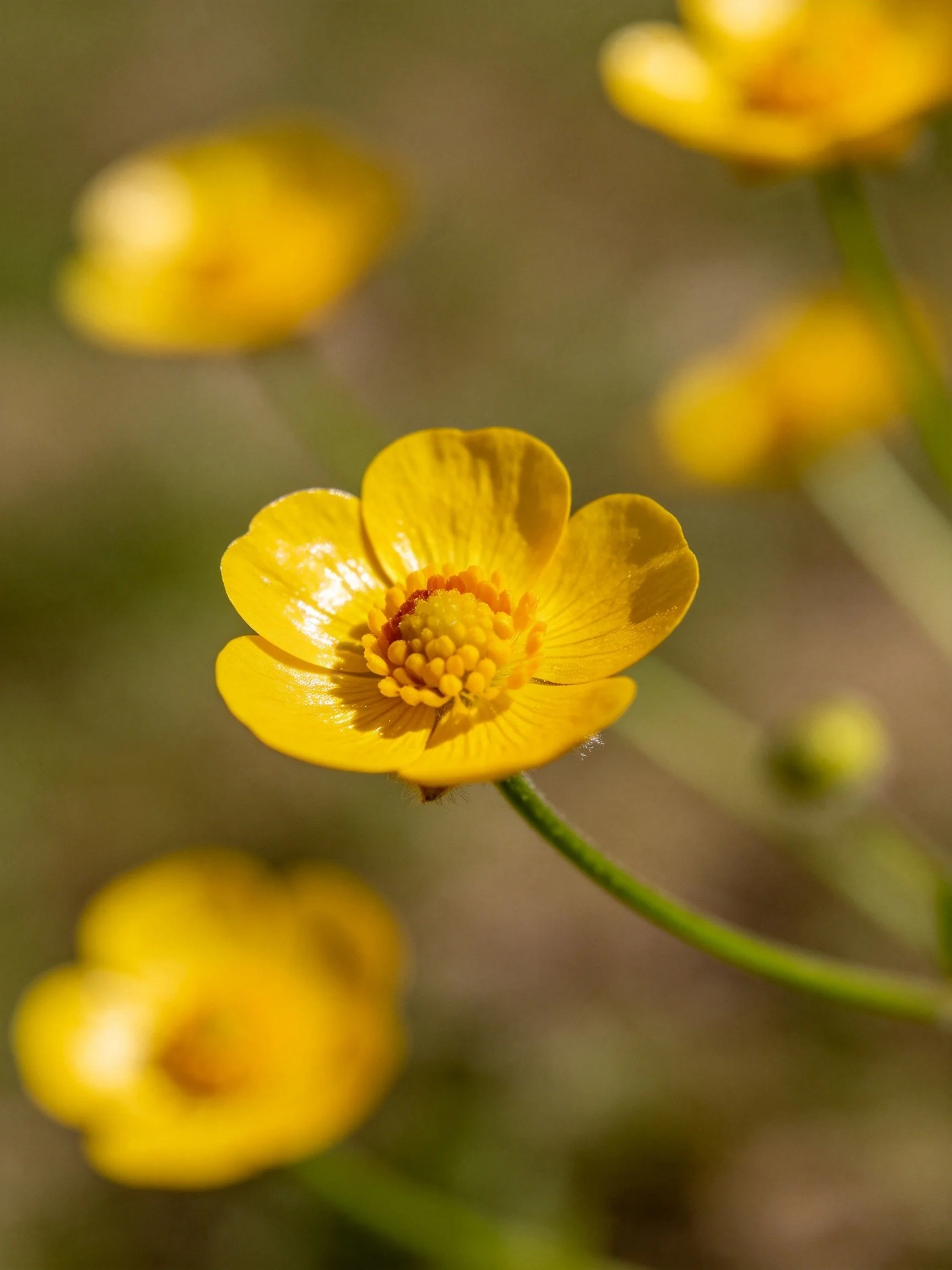 Vibrant yellow buttercup flowers with blurred blooms