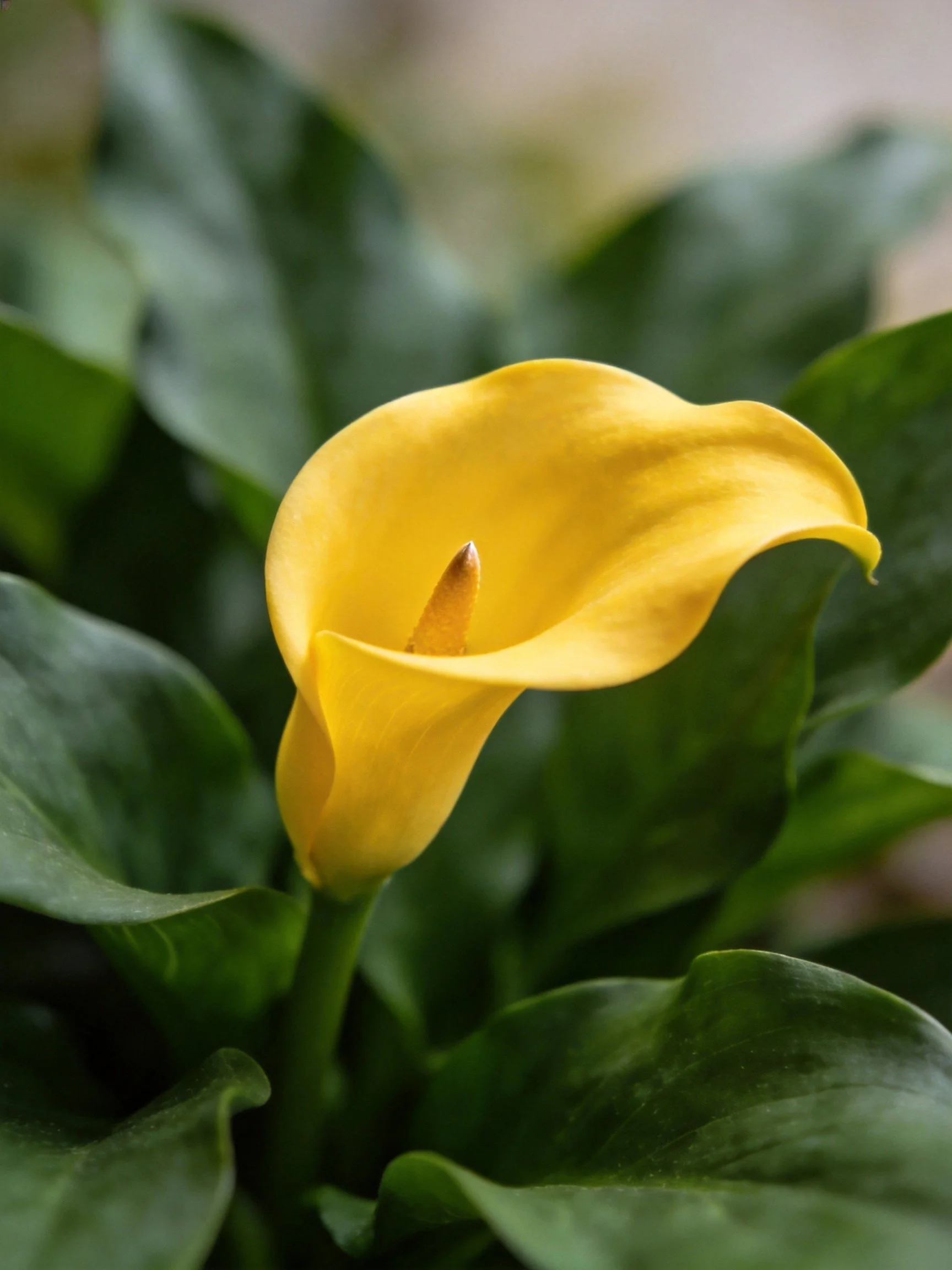 Vibrant yellow calla lily amidst lush green leaves