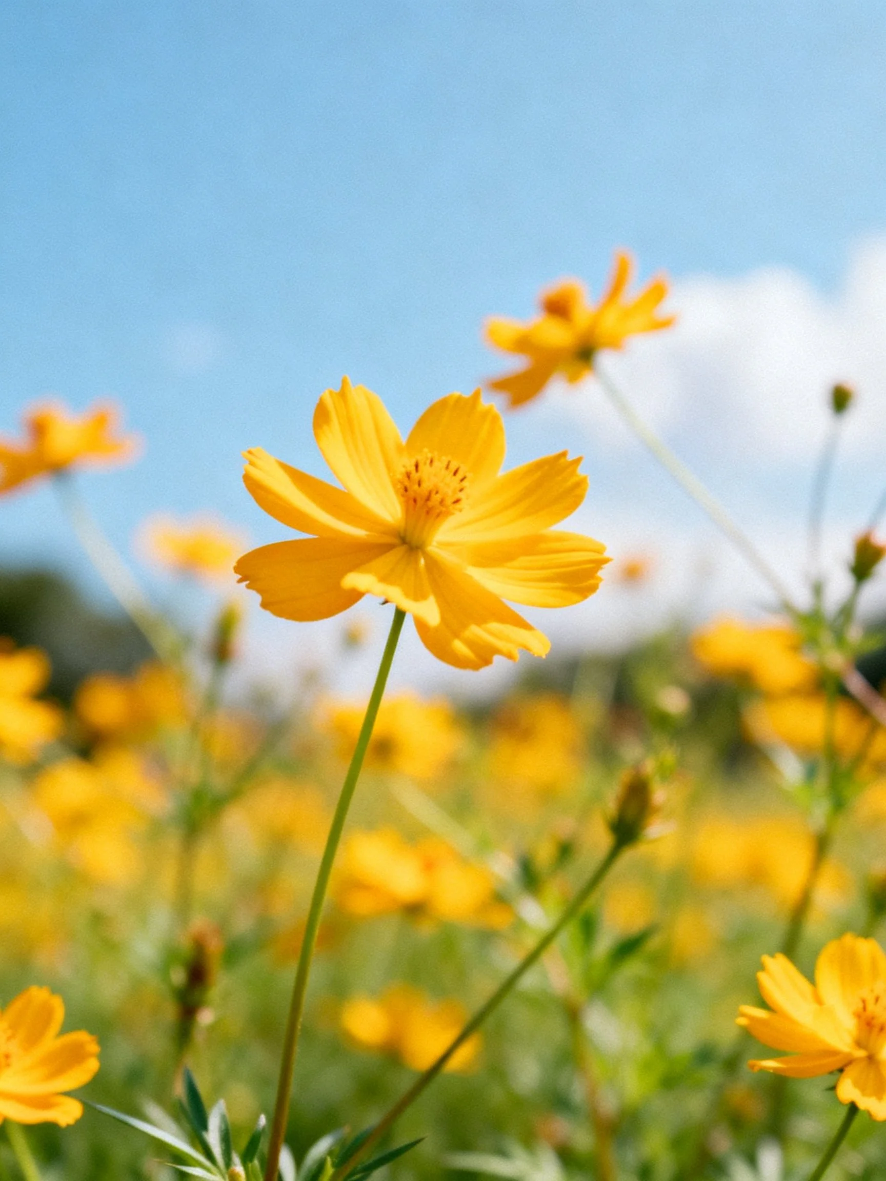 Vibrant yellow cosmos flowers against clear blue sky