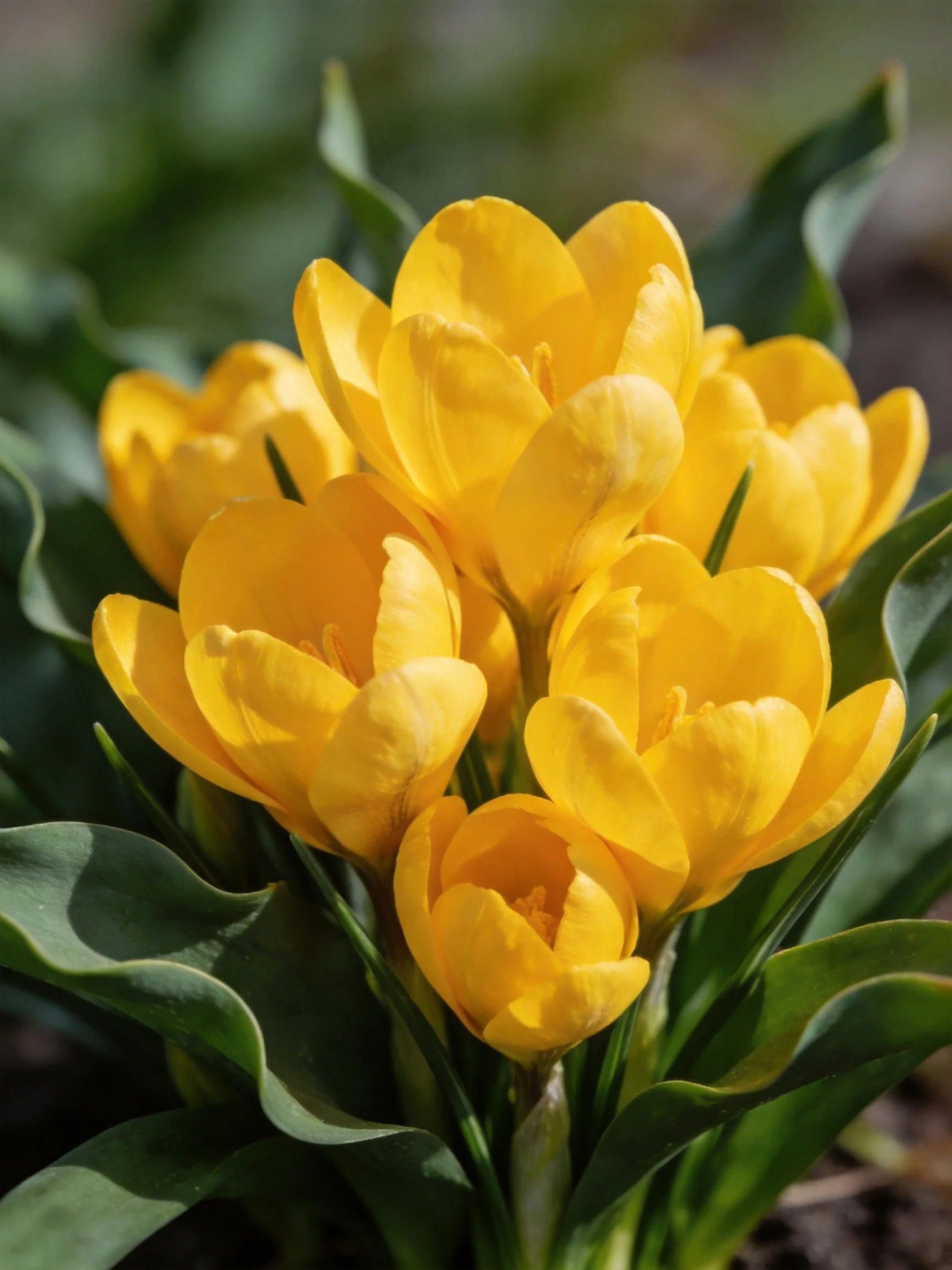 Vibrant yellow crocus blooms clustered among lush green foliage