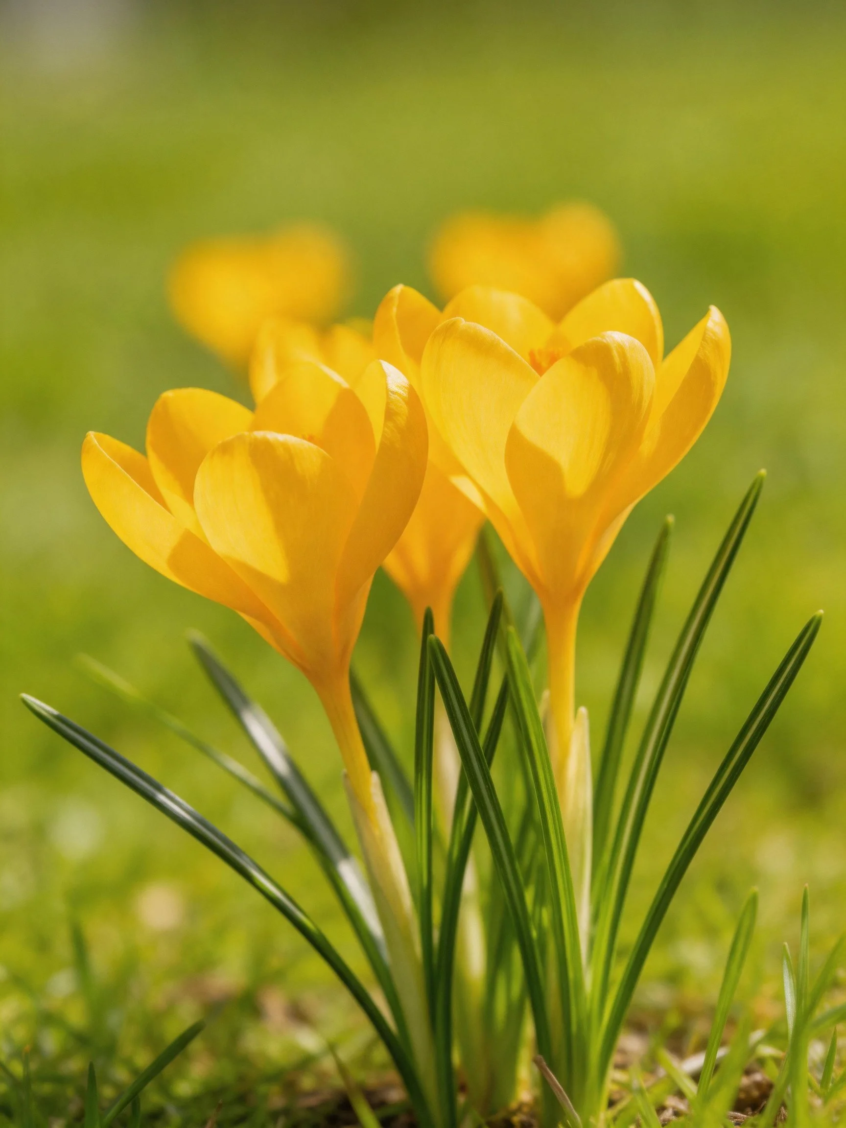 Vibrant yellow crocus blooms with green foliage in a grassy setting