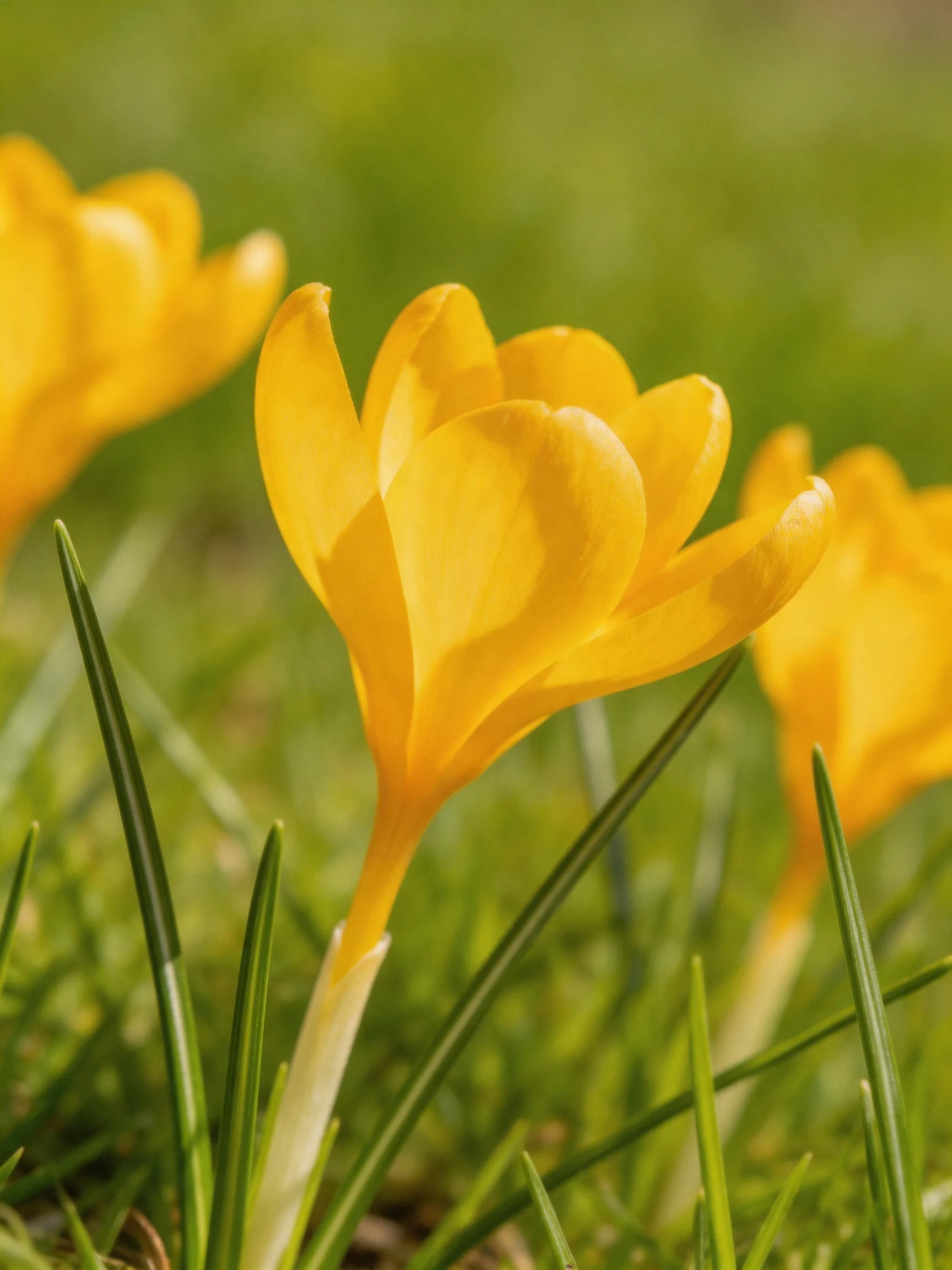 Vibrant yellow crocuses bloom among lush green grass