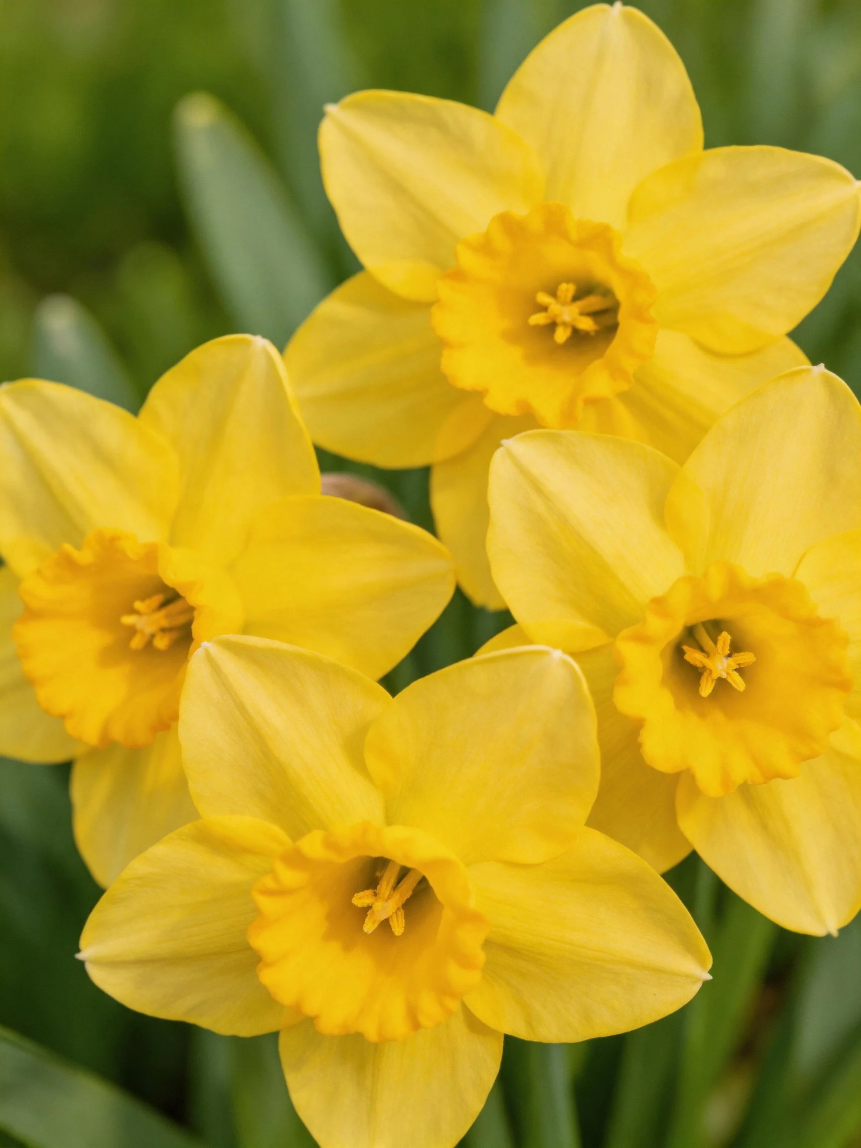 Vibrant yellow daffodils clustered in a lush green garden