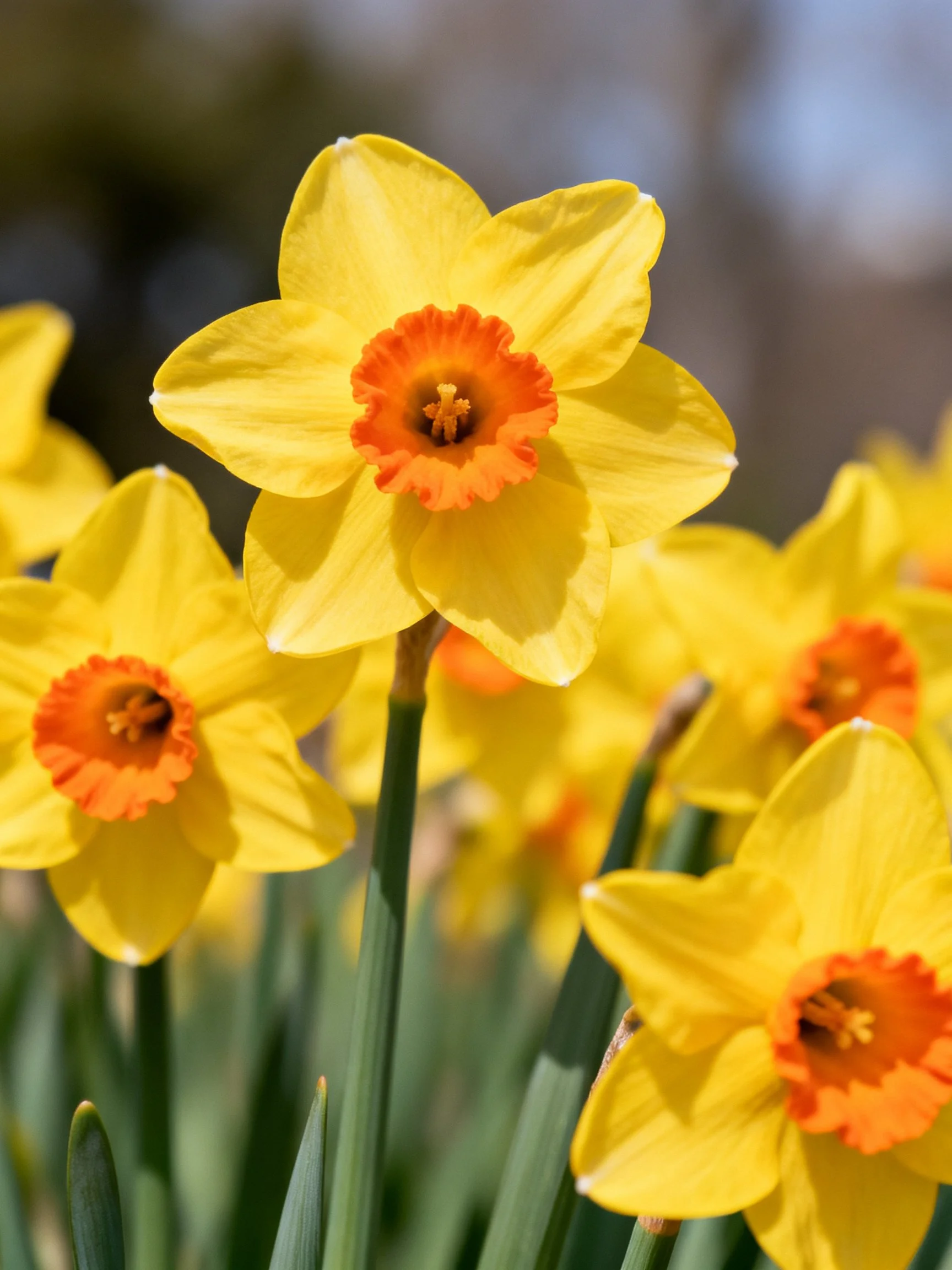 Vibrant yellow daffodils with orange centers blooming outdoors