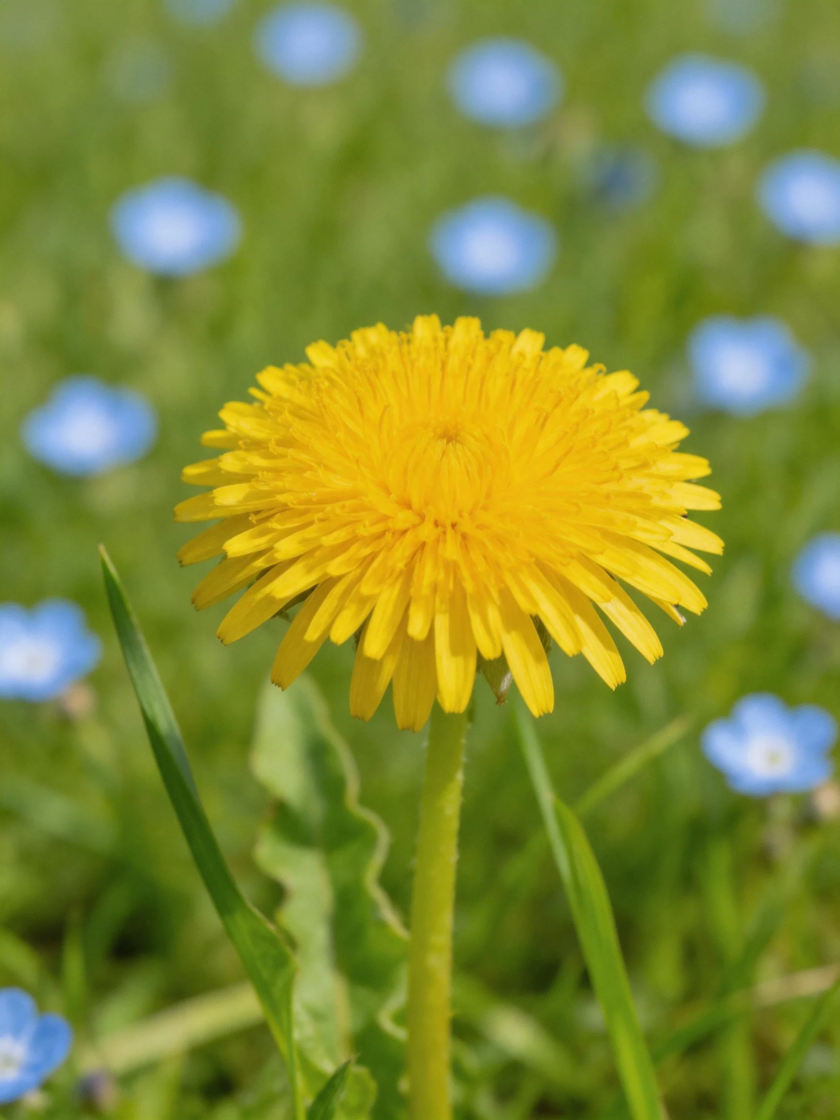 Vibrant yellow dandelion centered among small blue flowers and green foliage