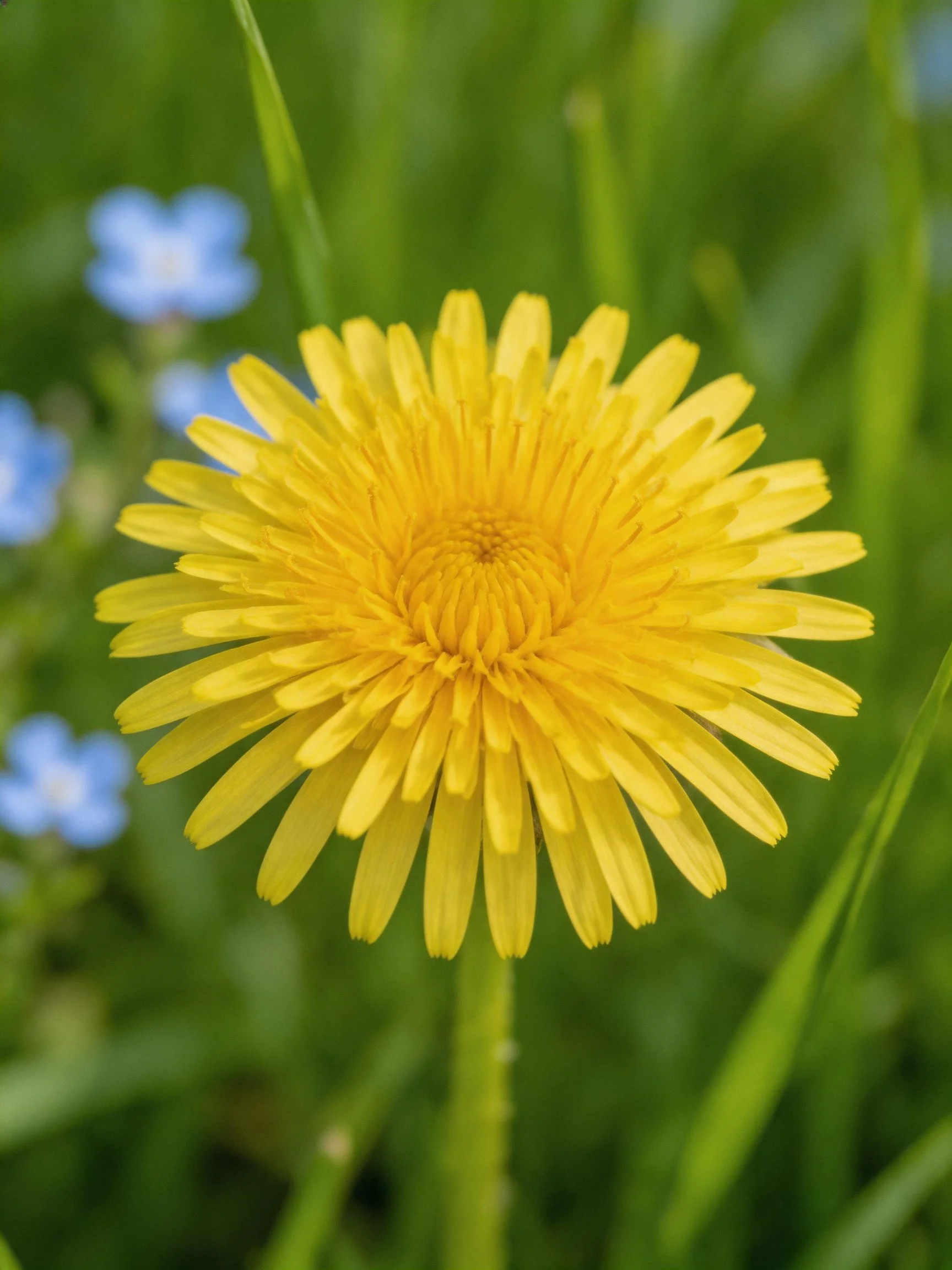 Vibrant yellow dandelion flower amid green grass and small blue blooms
