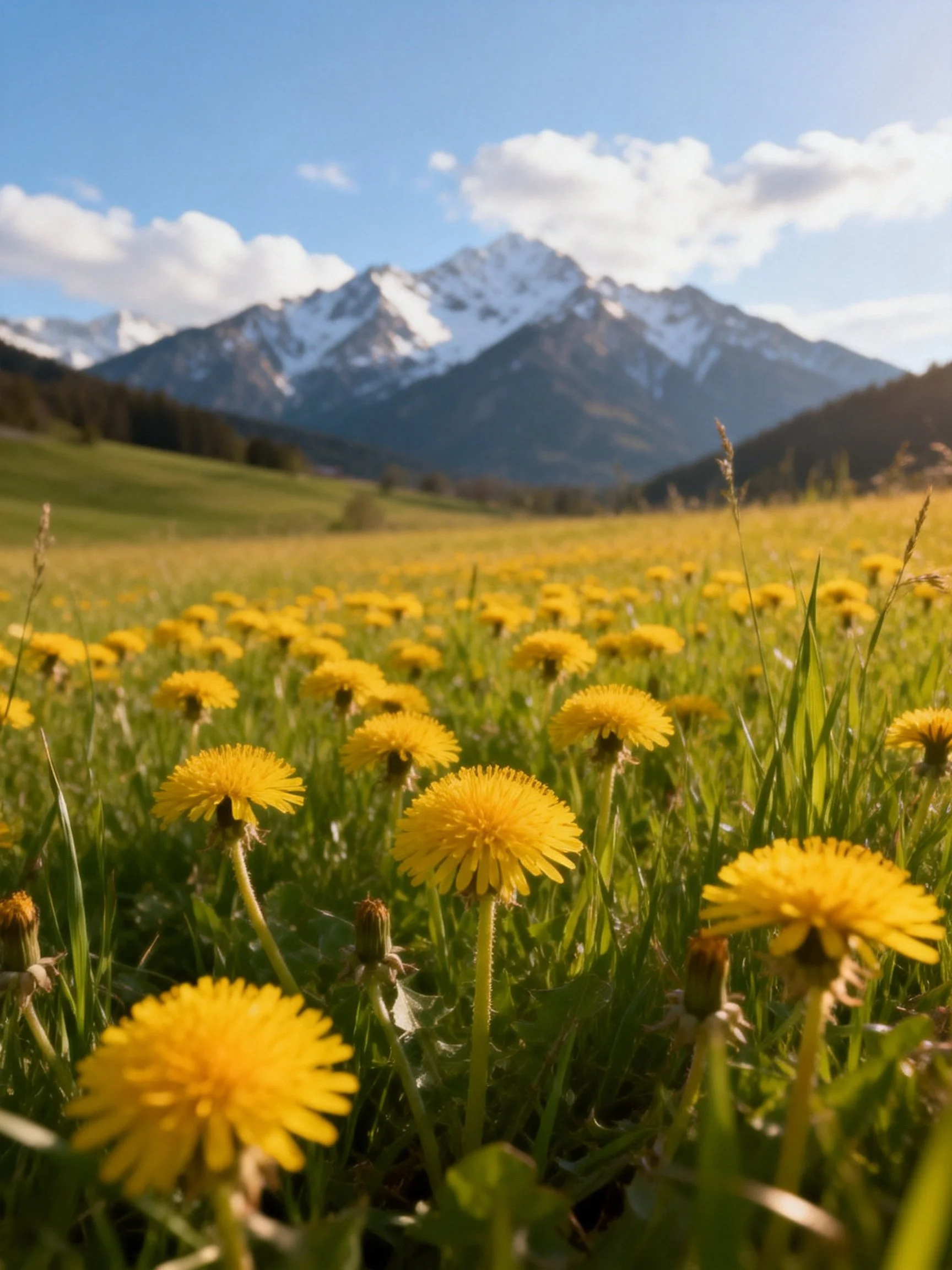 Vibrant yellow dandelion meadow near snow - capped mountains
