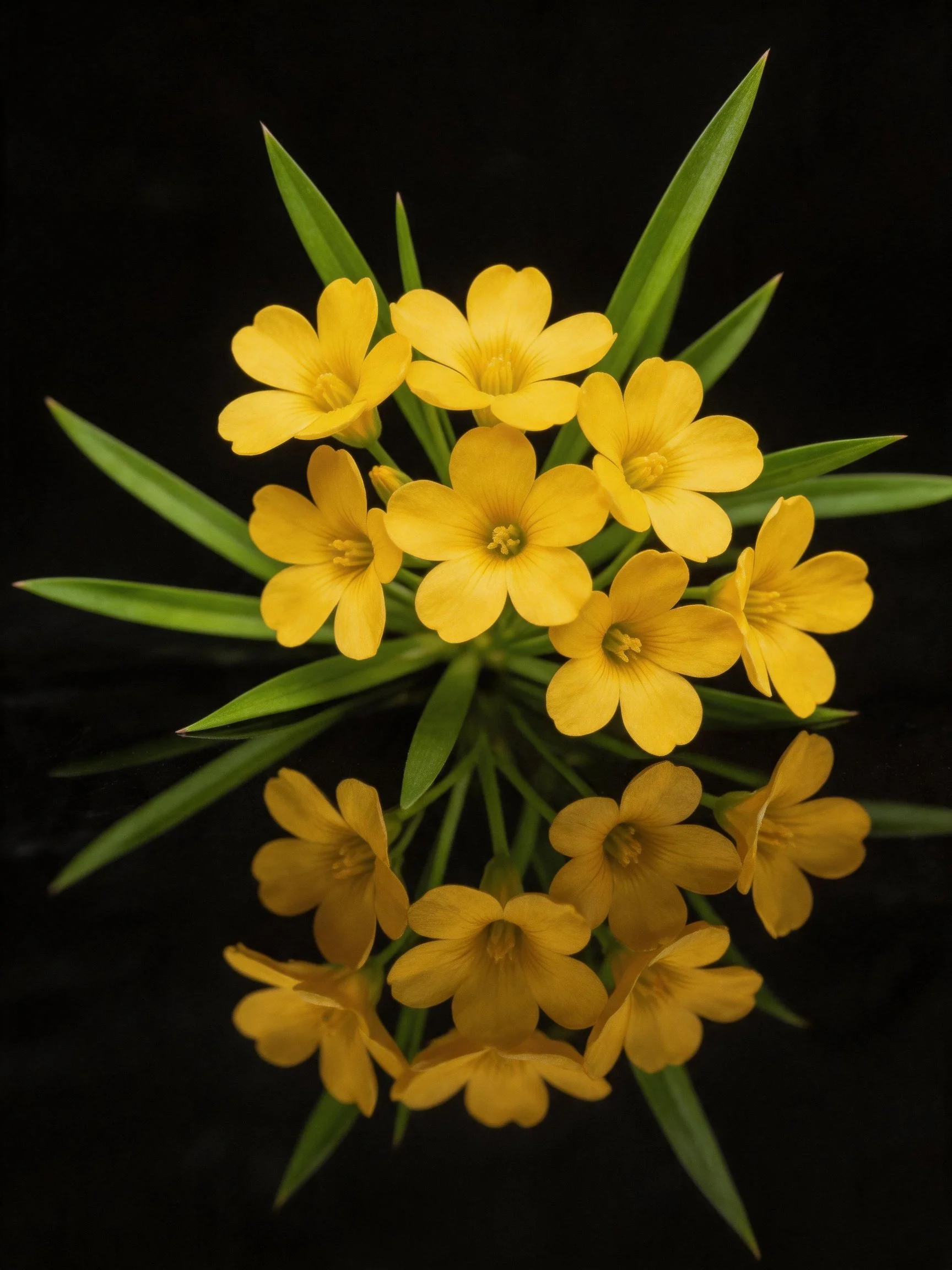 Vibrant yellow flower cluster with green leaves on dark reflective surface