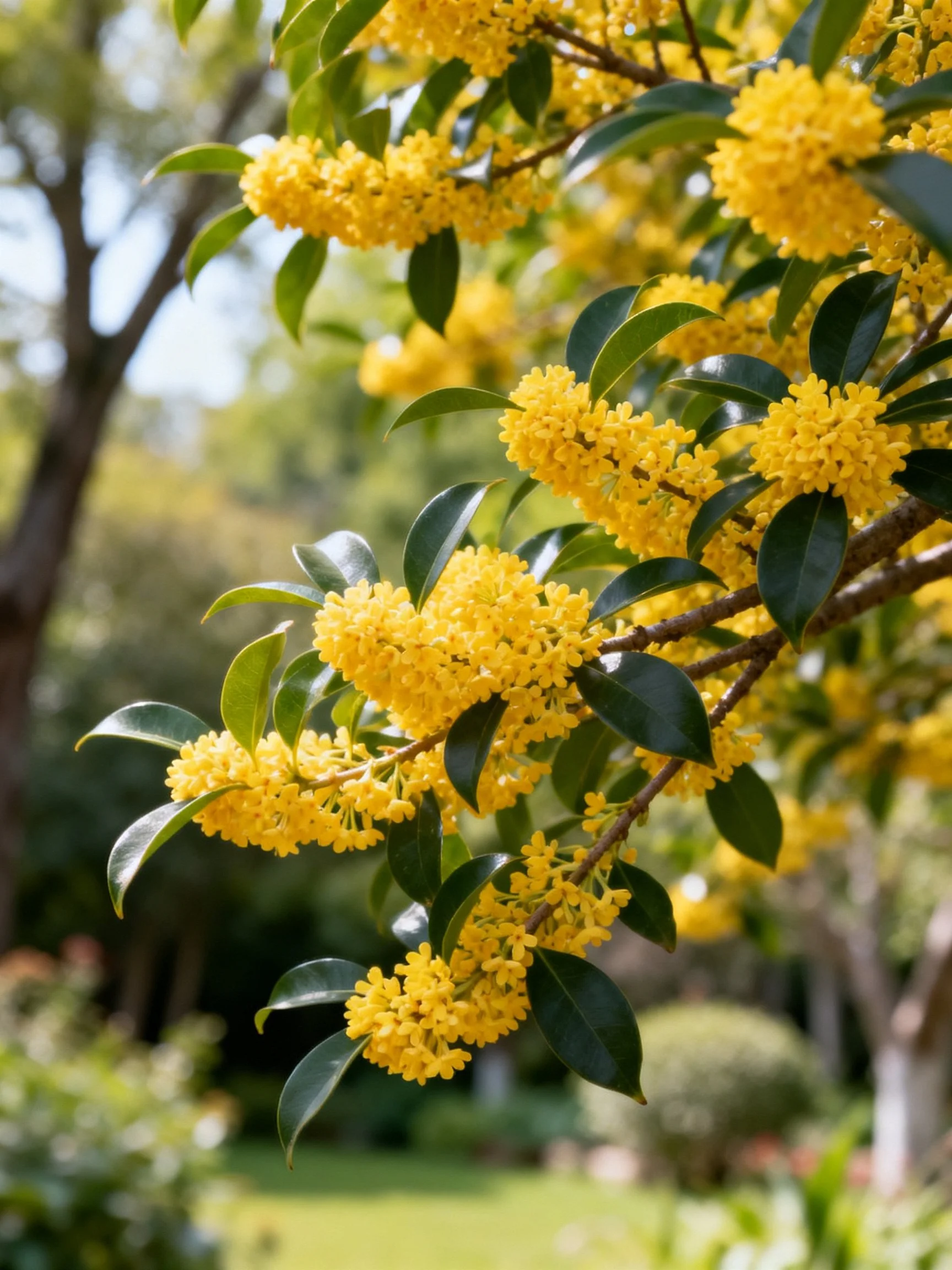 Vibrant yellow flower clusters adorn glossy dark green leafy branches in a sunny garden