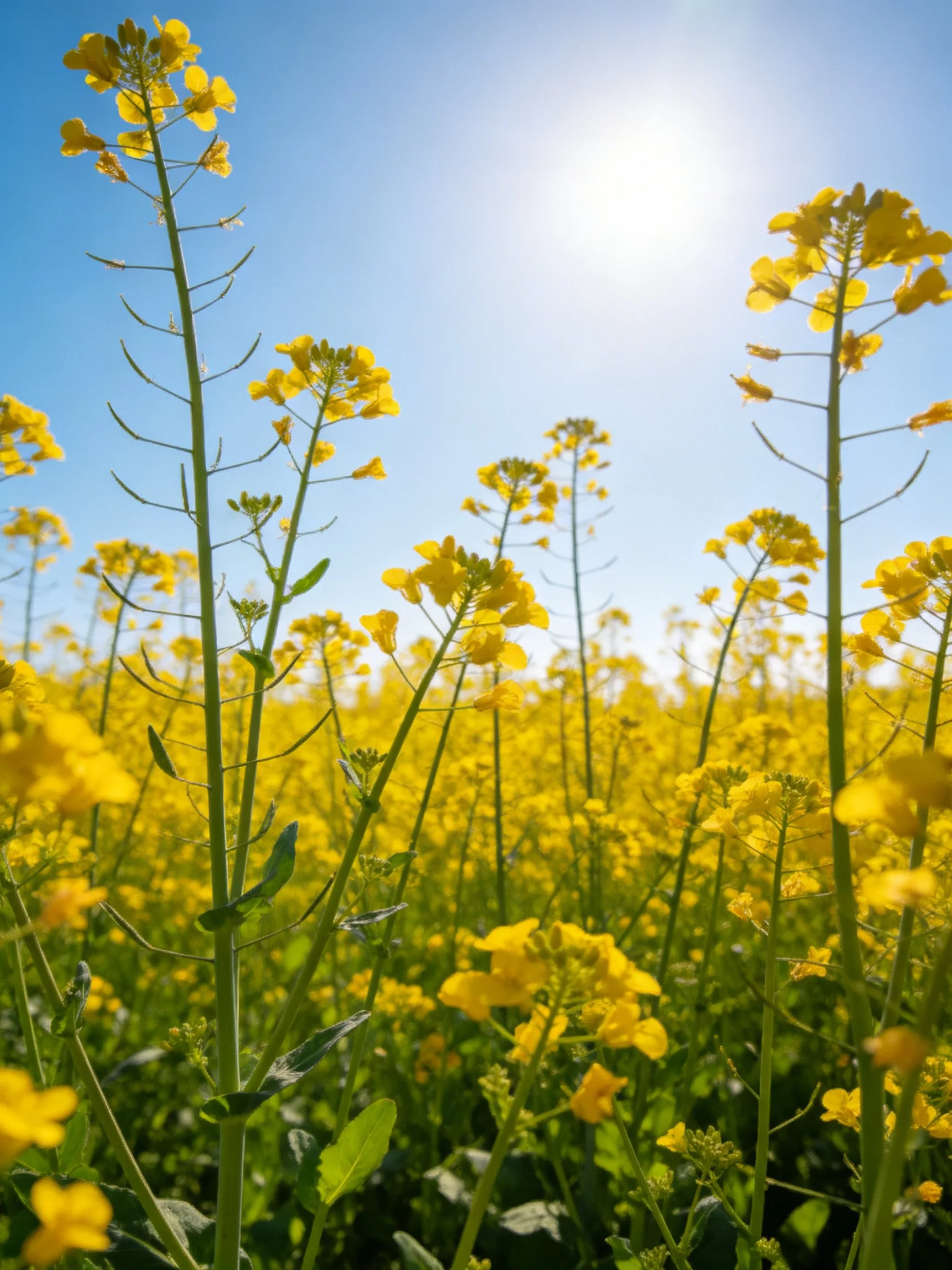 Vibrant yellow flower field under clear blue sky with sunlight