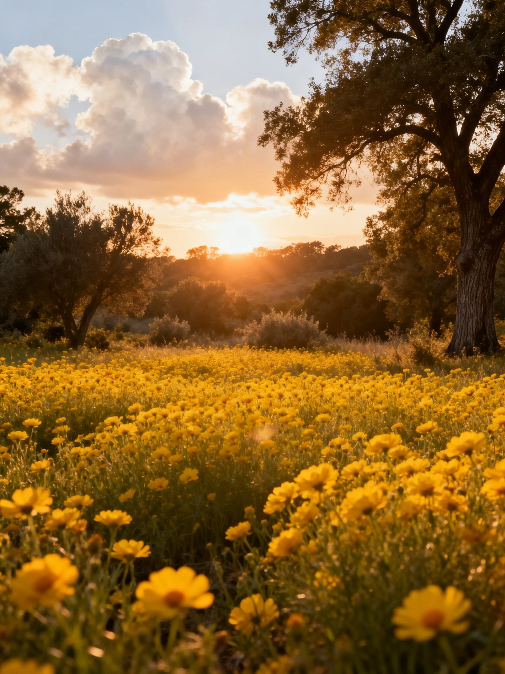 Vibrant yellow flower field with large trees at sunset