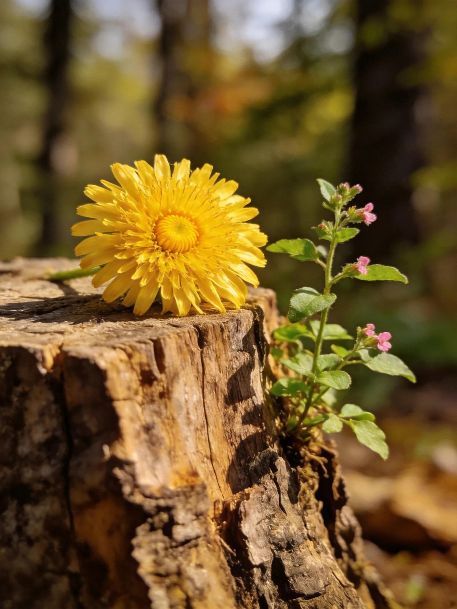 A bright yellow flower sits atop a weathered tree stump near a small pink flowering plant.