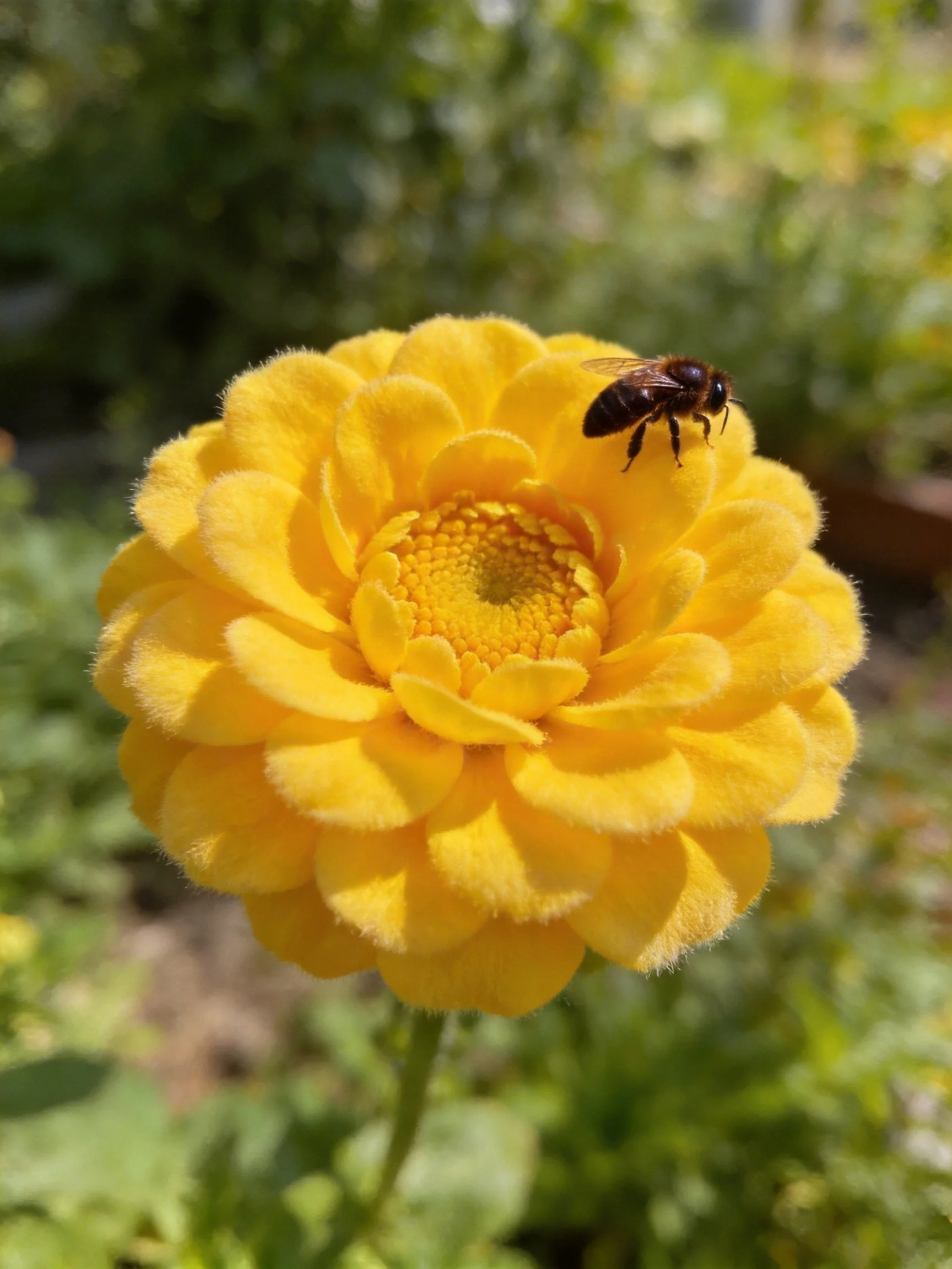 Vibrant yellow flower with a bee on petals