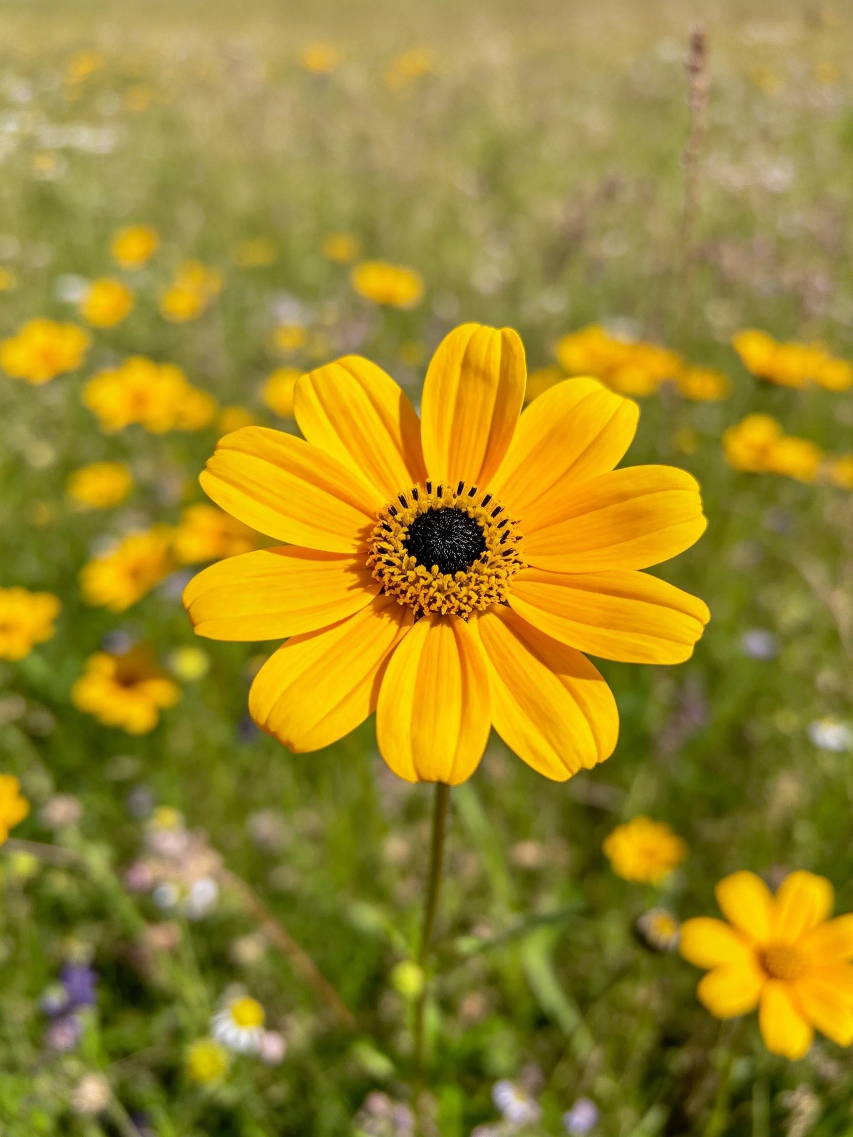 A central yellow flower with a black center is surrounded by smaller blooms in a green field.