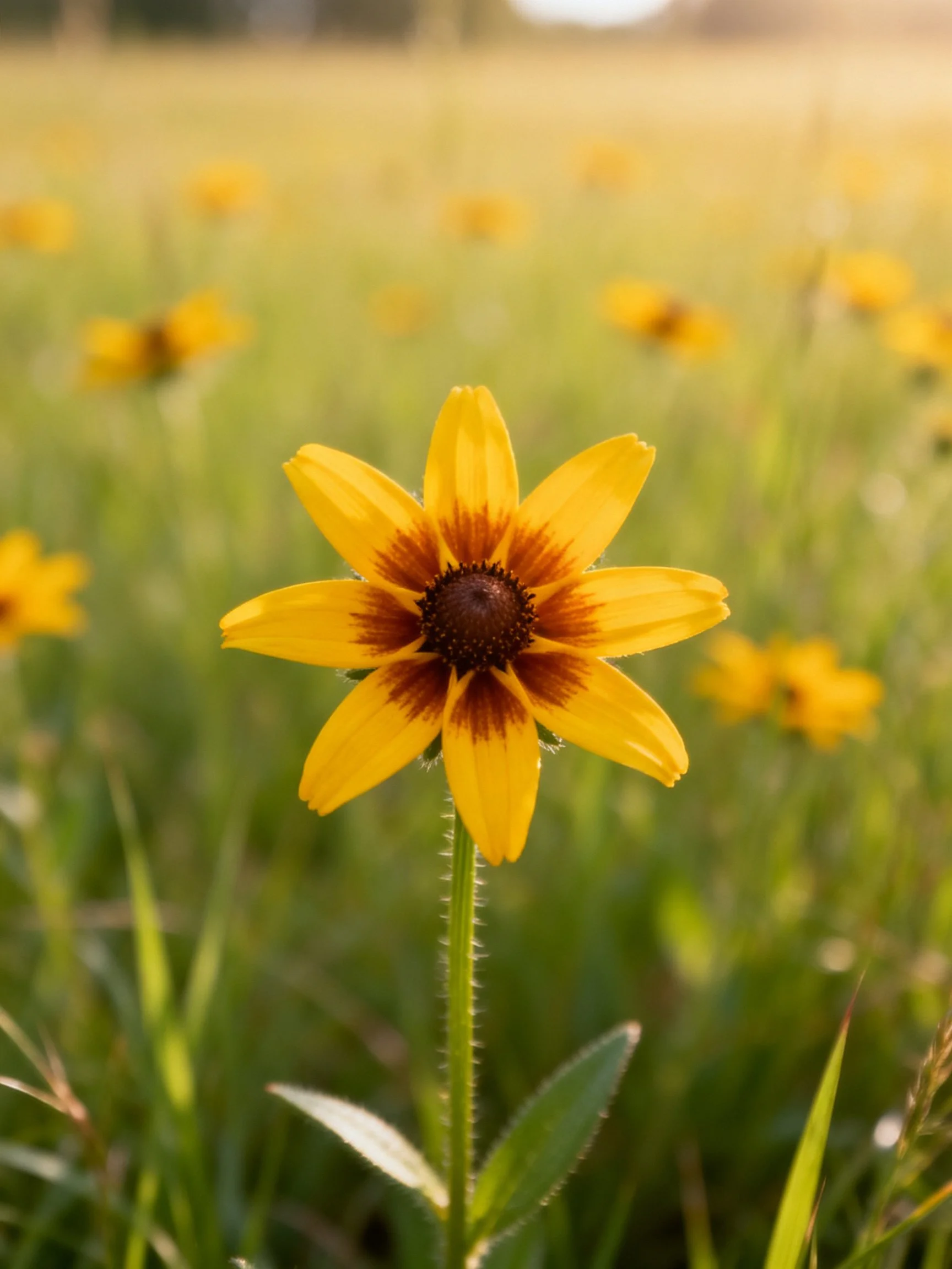 A bright yellow flower with a brown center dominates a softly blurred green meadow.