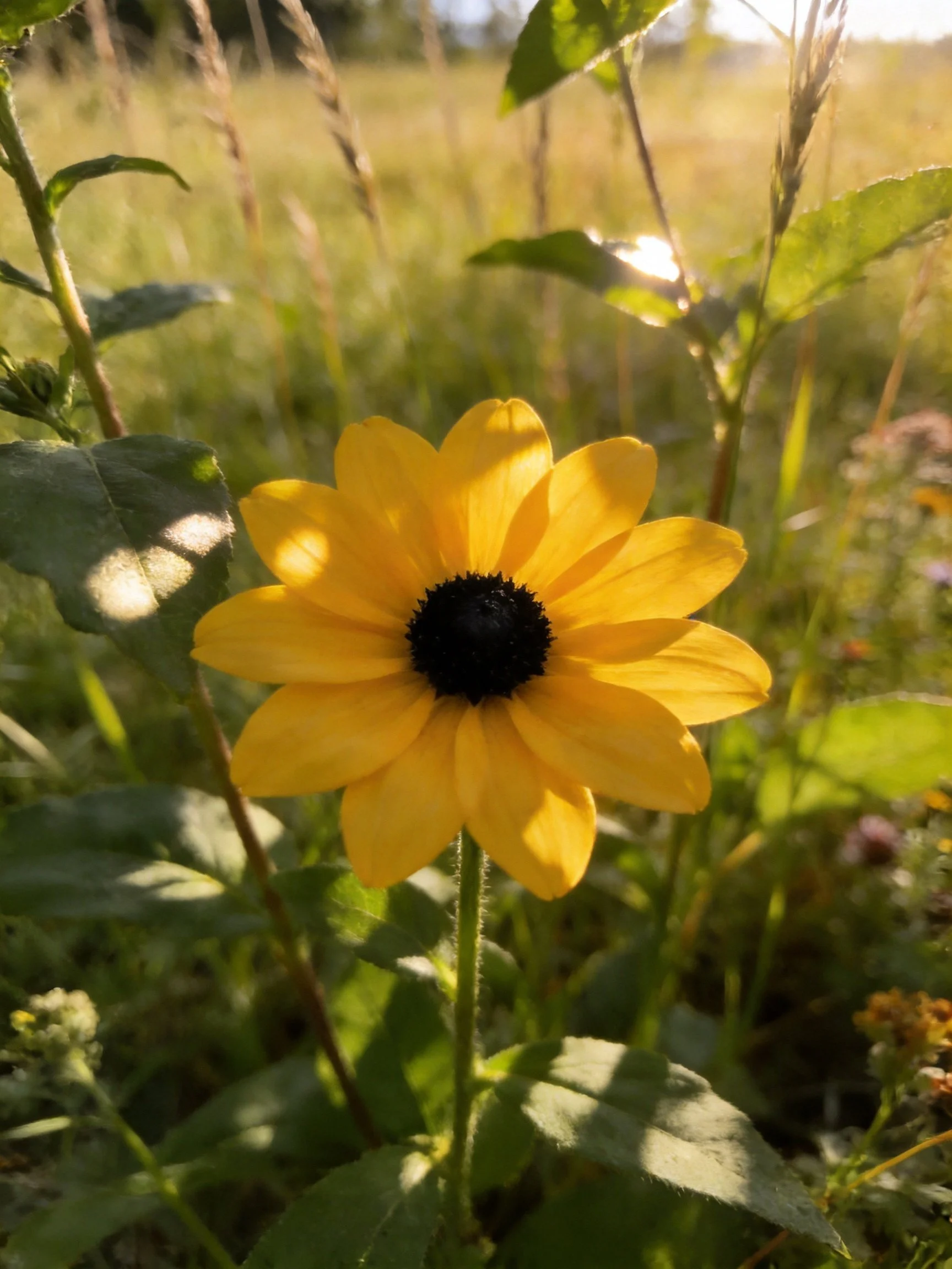 Vibrant yellow flower with dark center amid lush greenery