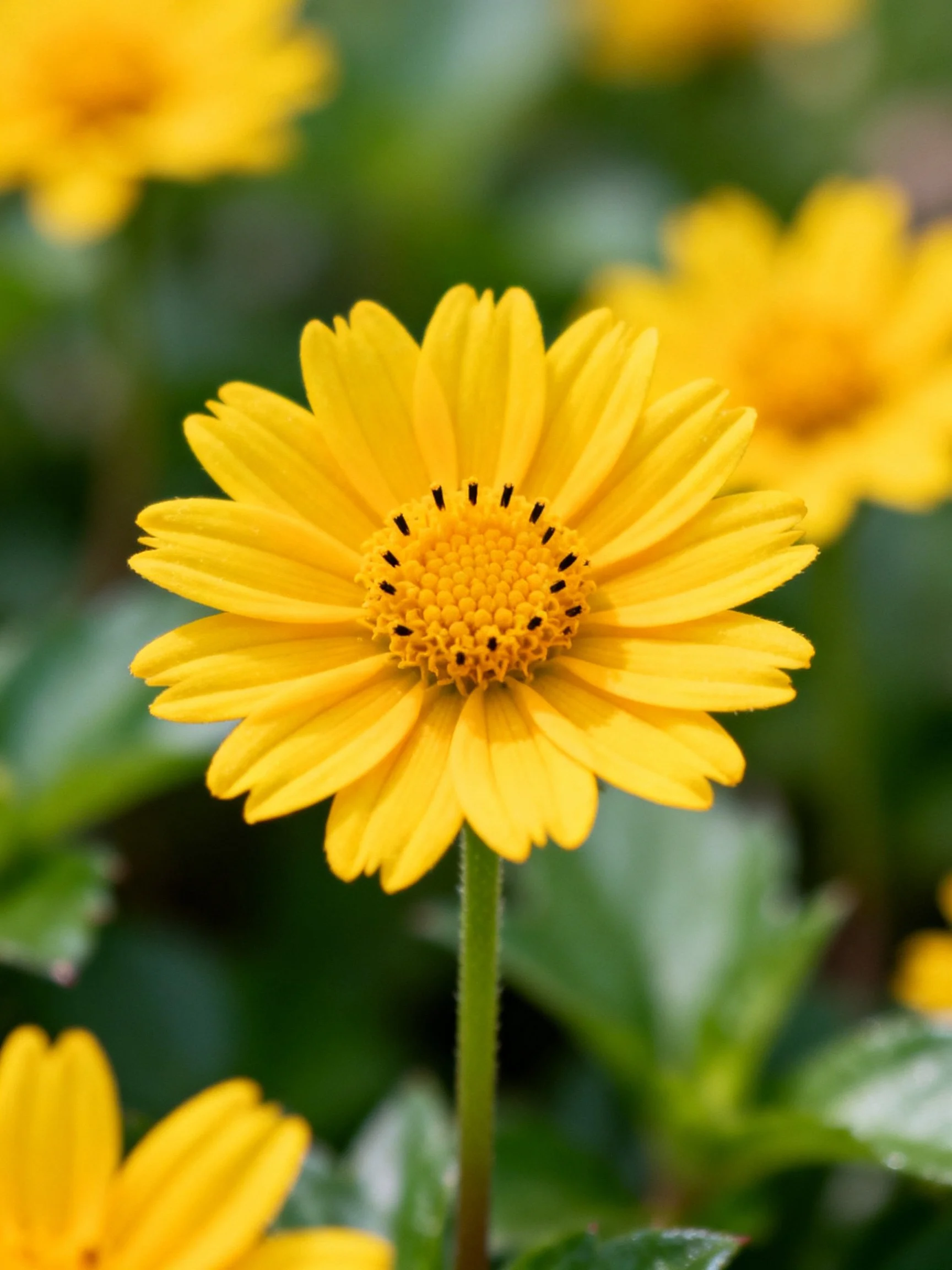 Vibrant yellow flower with dark centers amid blurred green foliage