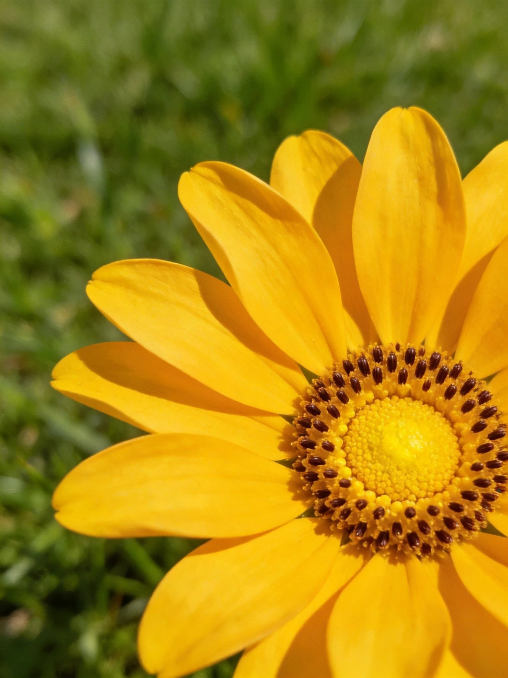Vibrant yellow flower with dark central disk, surrounded by green grass