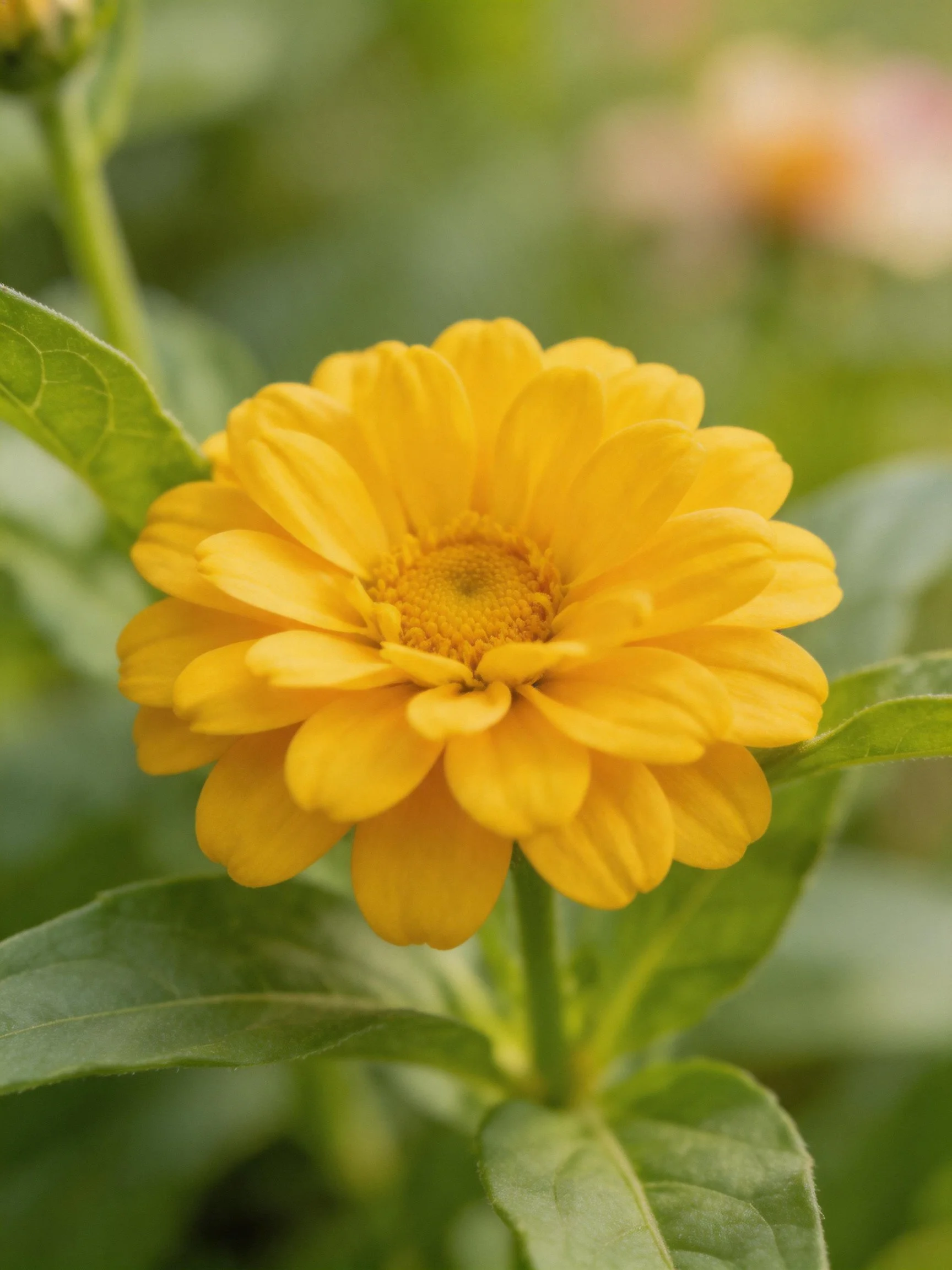 Vibrant yellow flower with layered petals and green foliage
