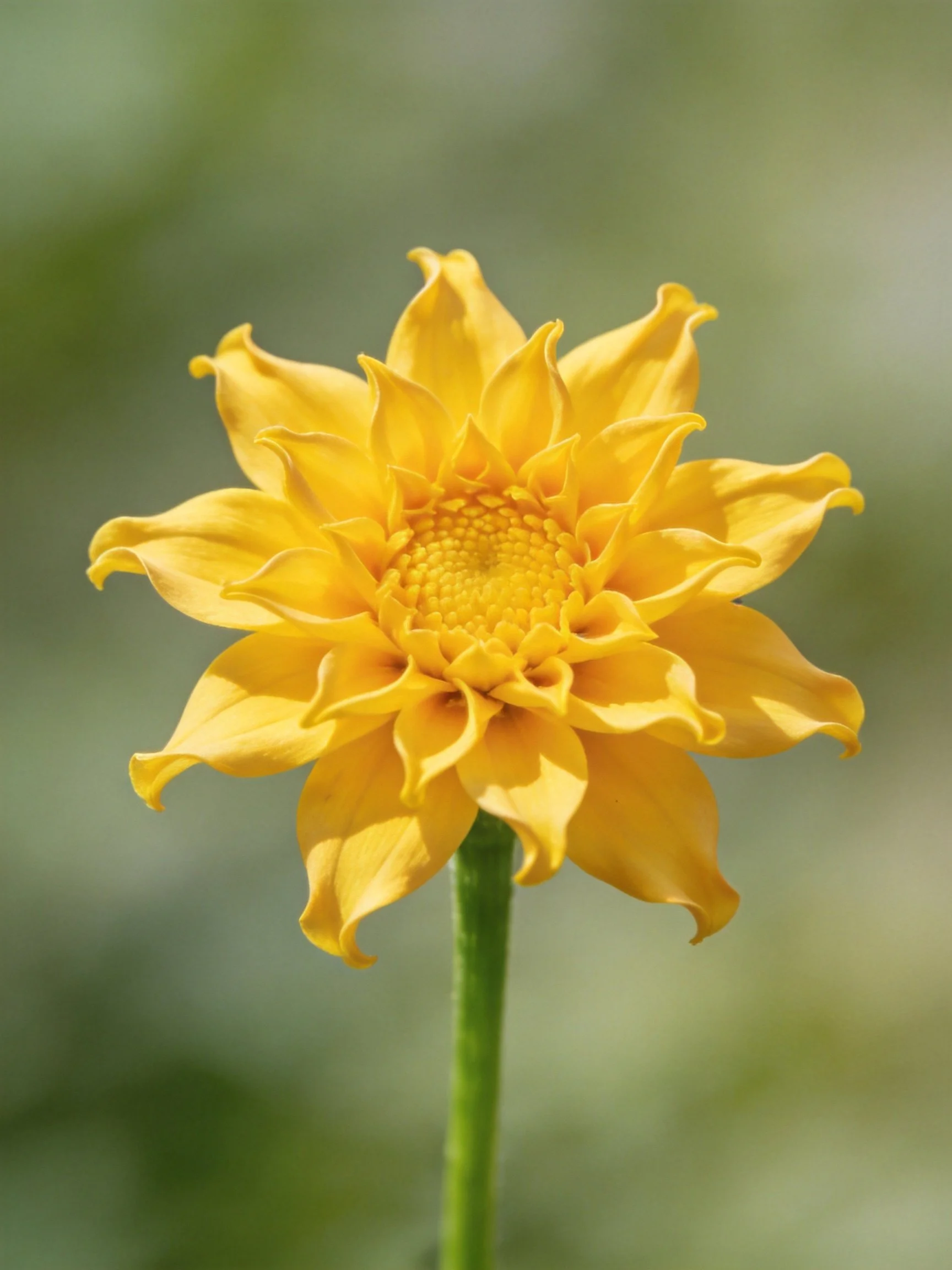 Vibrant yellow flower with layered petals and green stem
