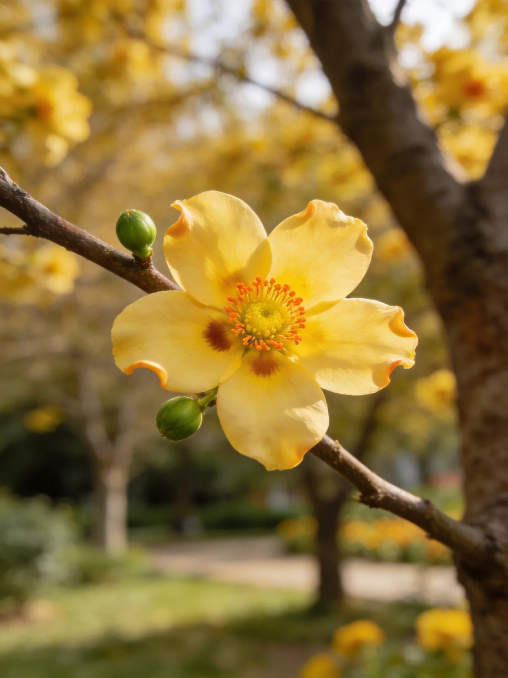 Vibrant yellow flower with orange center on tree branch near green buds