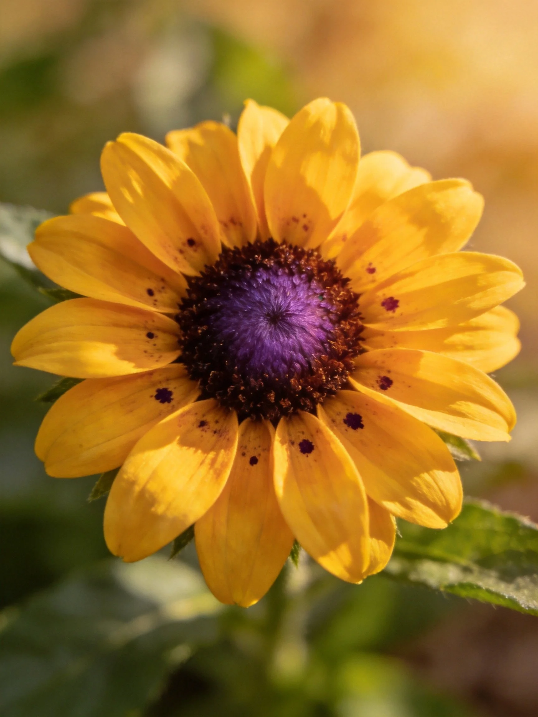 Vibrant yellow flower with purple and brown central disk