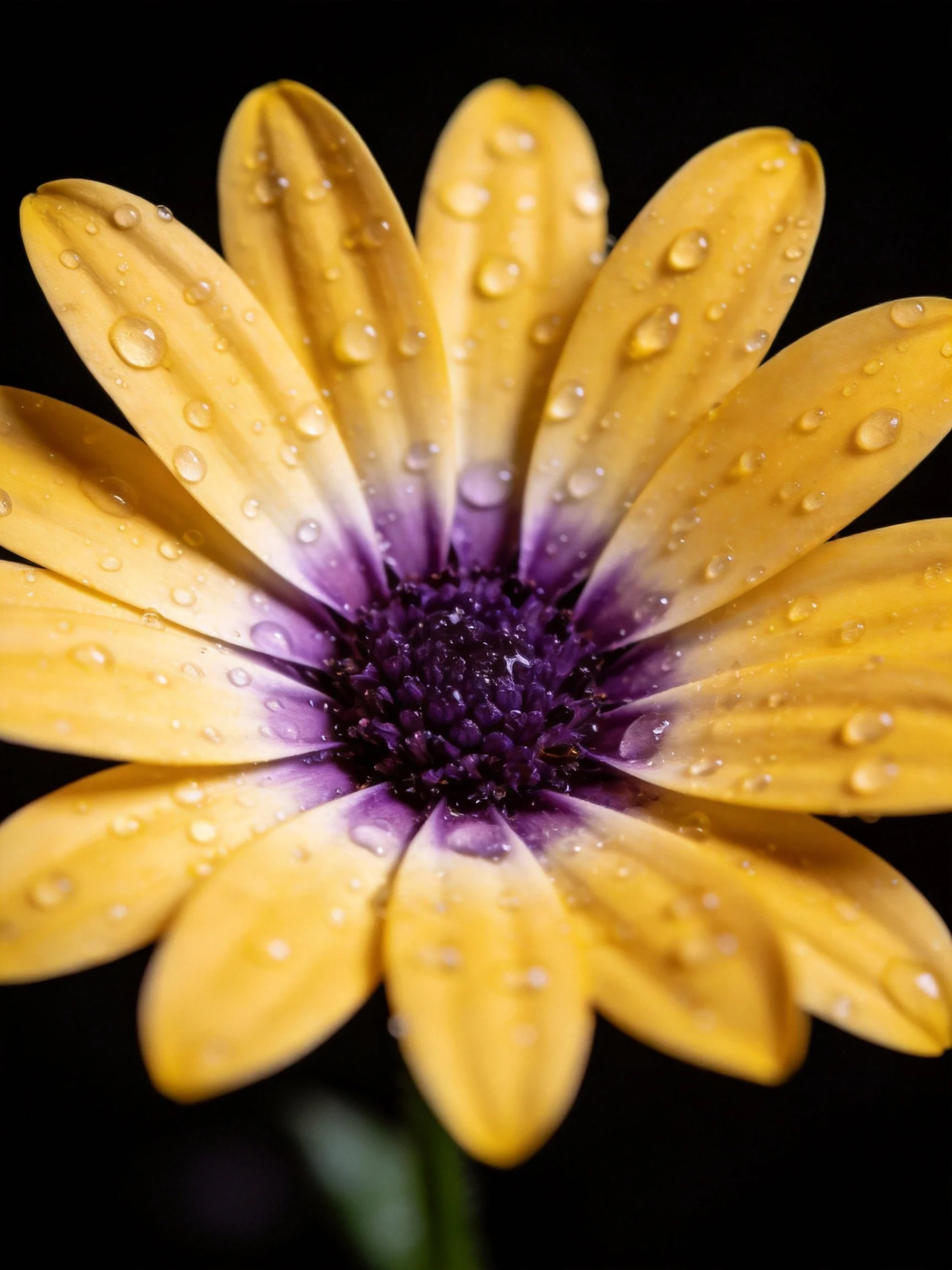 Vibrant yellow flower with purple center and water droplets